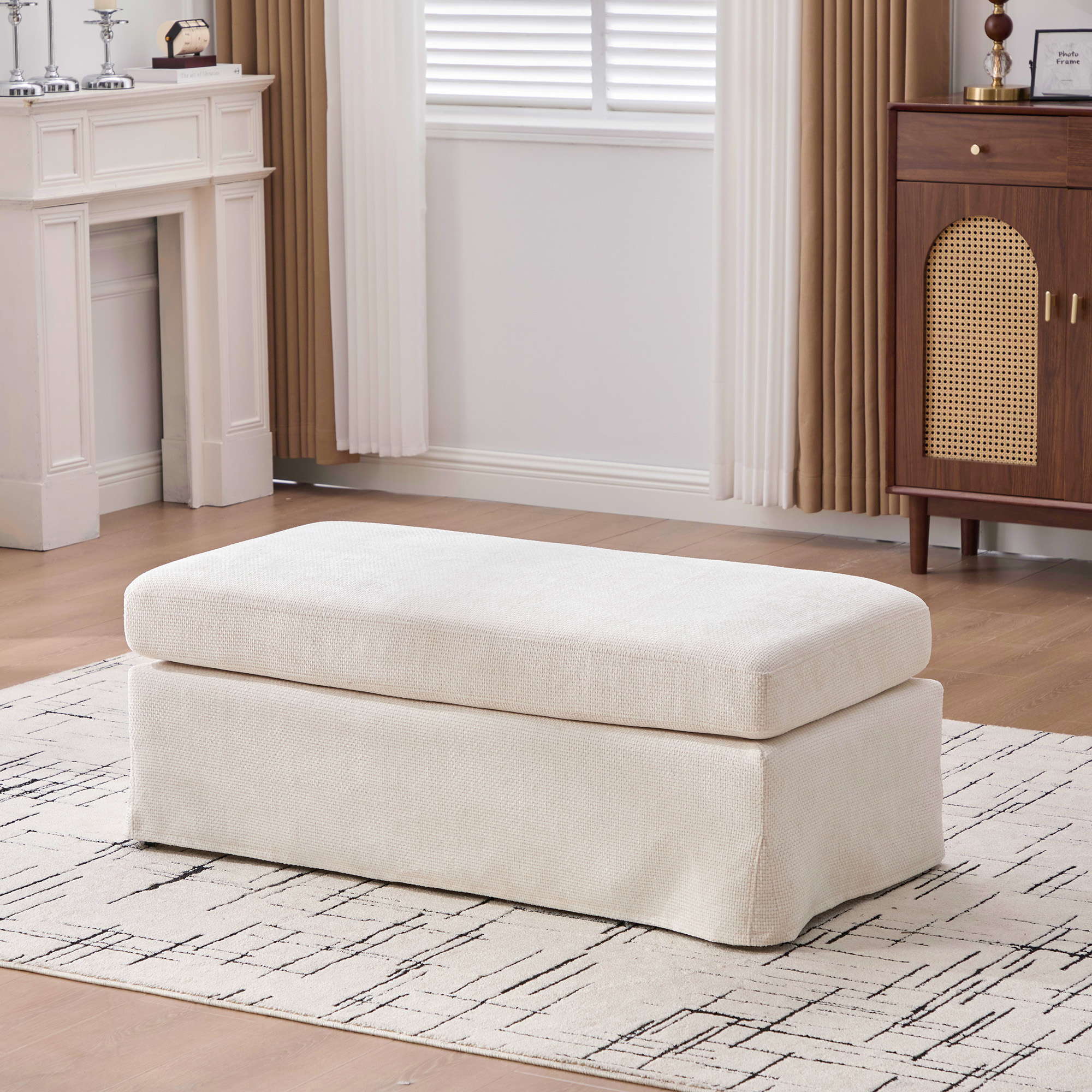 43.7" Wide Modern Upholstered Chenille Ottoman, Foot Stool Square Footrest with Black Metal Legs for Living Room Bedroom Entryway and Office, Beige