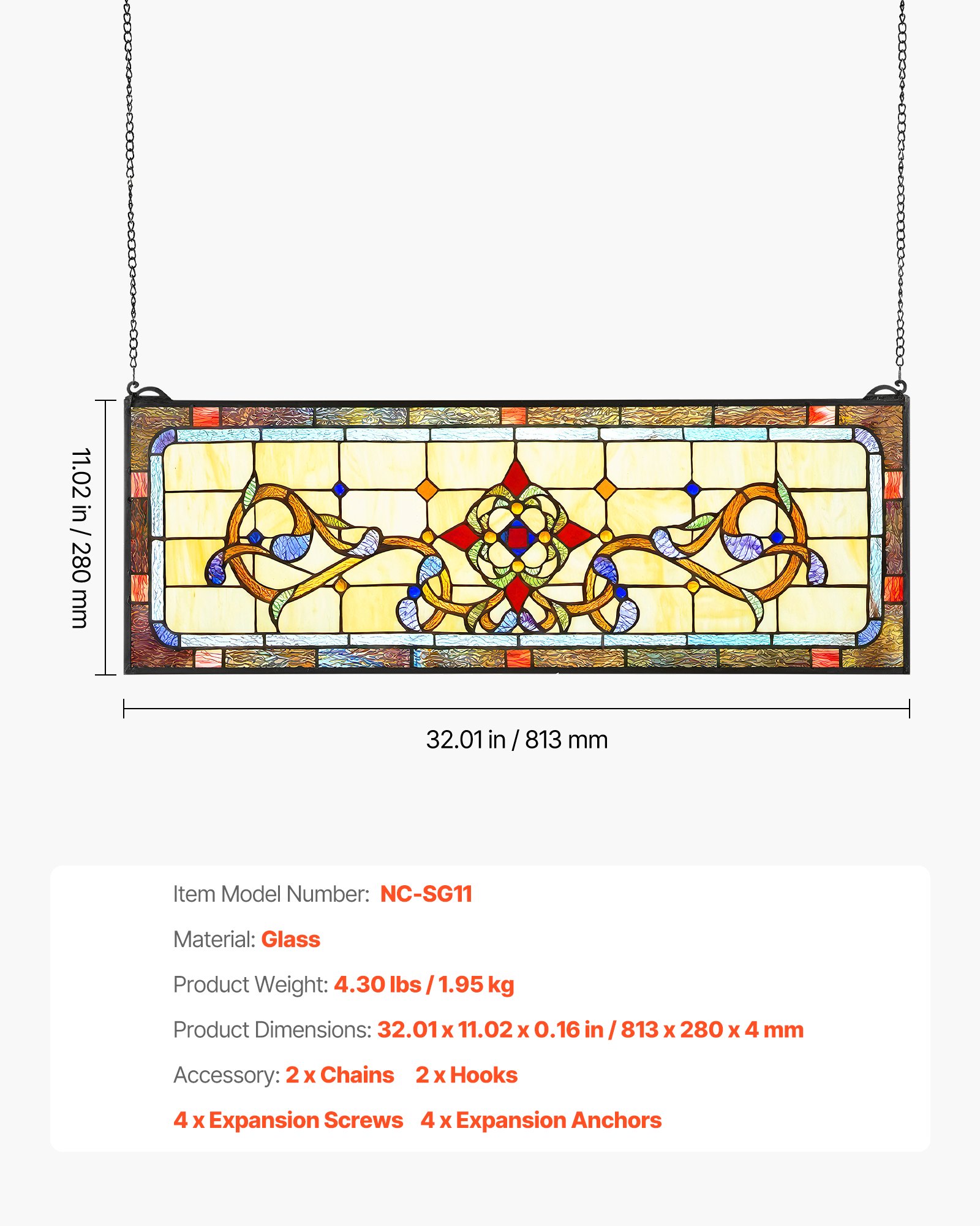 Panel de vitral estilo Tiffany, 32 x 11 pulgadas, rectangular, para decoración del hogar