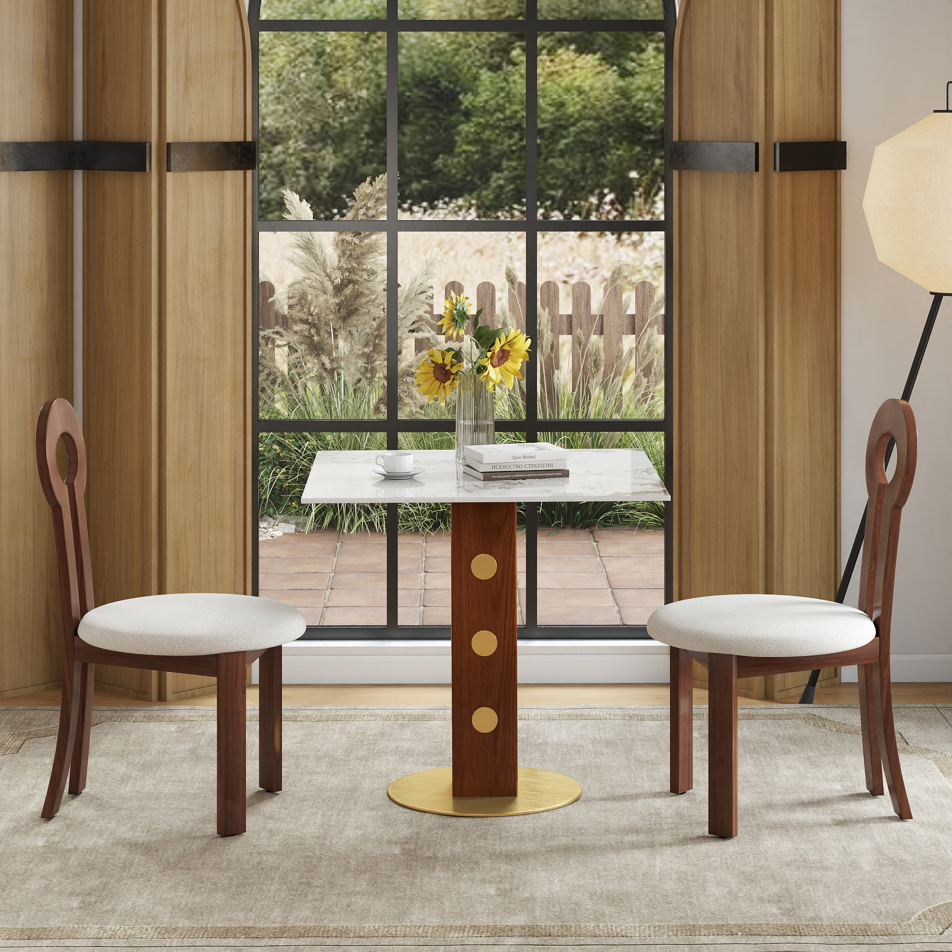 Mesa de Comedor Cuadrada Moderna, Piedra Sinterizada 33.5 pulg., Patas Madera y Base Dorada