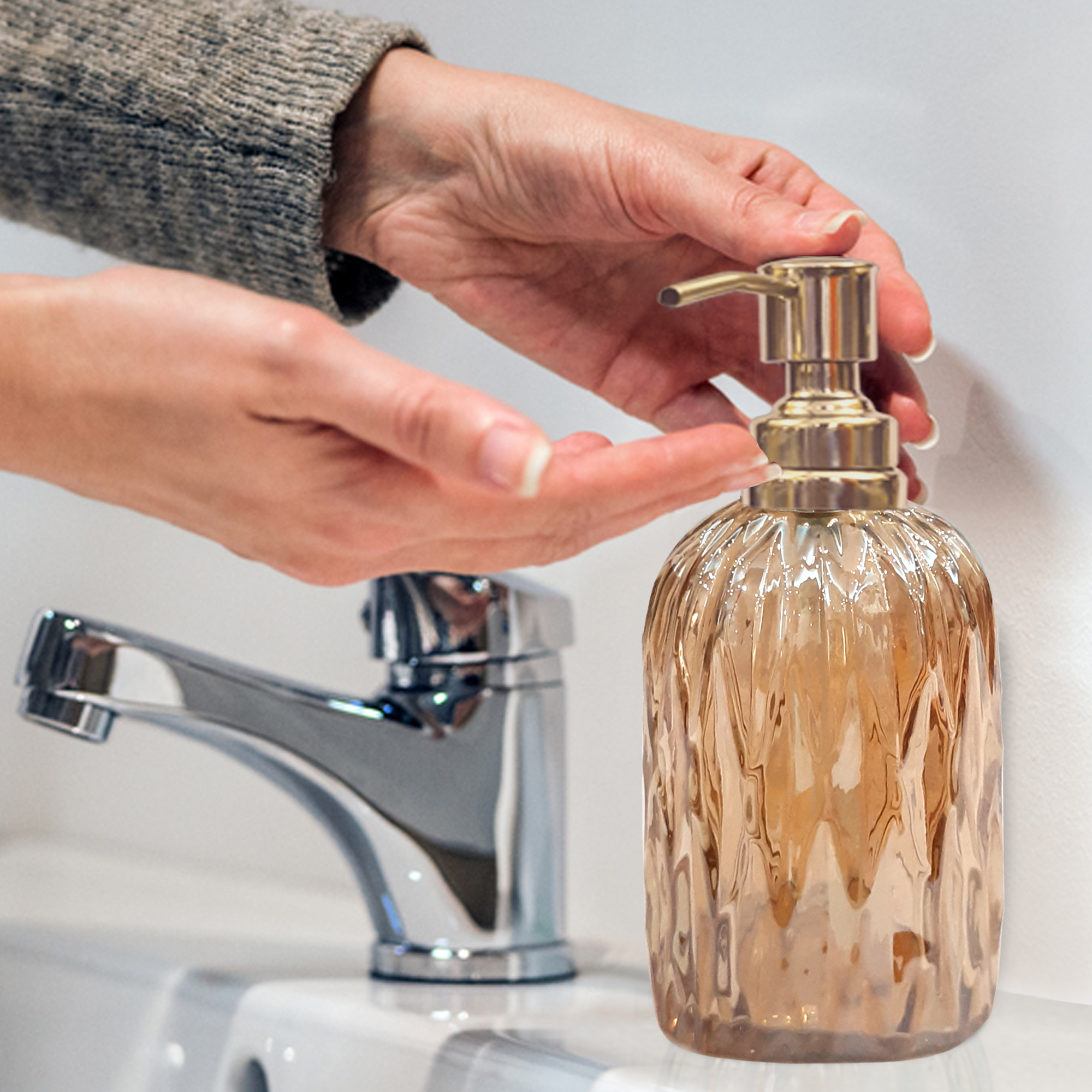 Dispensador de jabón líquido de vidrio con bomba, para baño y cocina, ámbar.