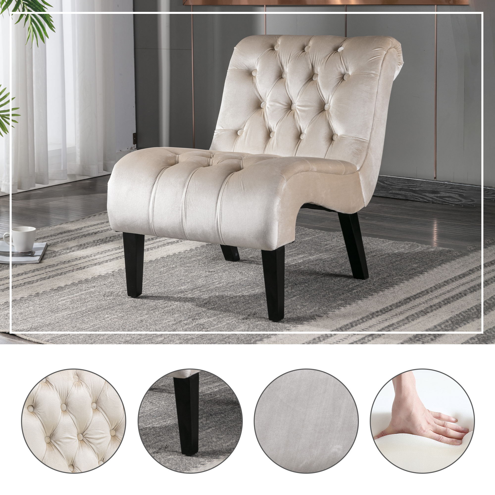 COOLMORE Modern Velvet Armless Accent Living Room Chair   Leisure Chair,Upholstered Fabric Button Comfortable Chair With Wooden Legs For Bedroom, Living Room, Office  Beige Velvet
