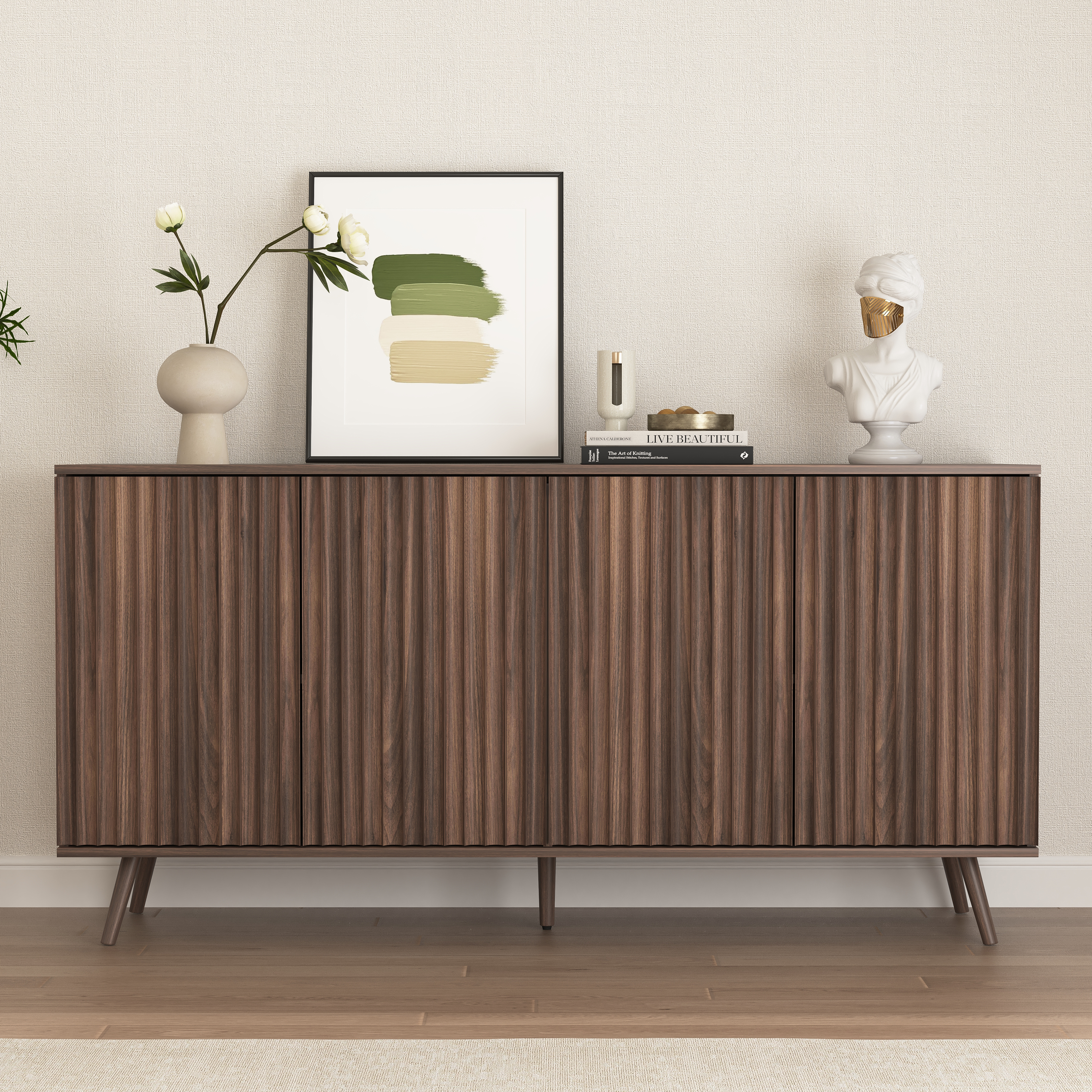 Sideboard Buffet Cabinet With Storage, Long Sideboard Storage Cabinet With 4 Doors, Wood Credenza Console Coffee Bar Cabinets With Adjustable Shelves For Living Room Kitchen Dining Room Walnut