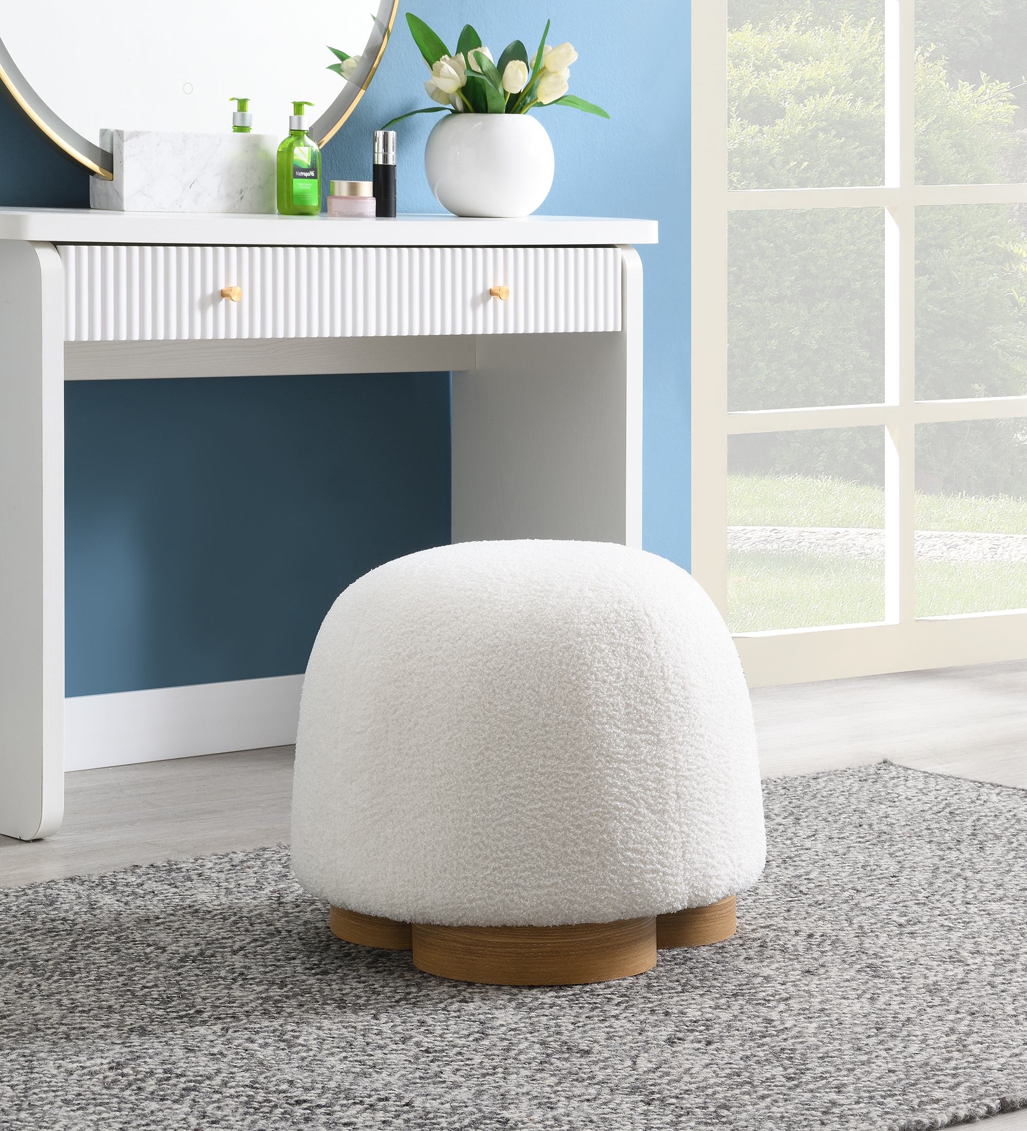 Otomana redonda tapizada en tela de peluche, asiento acolchado, moderna, blanca