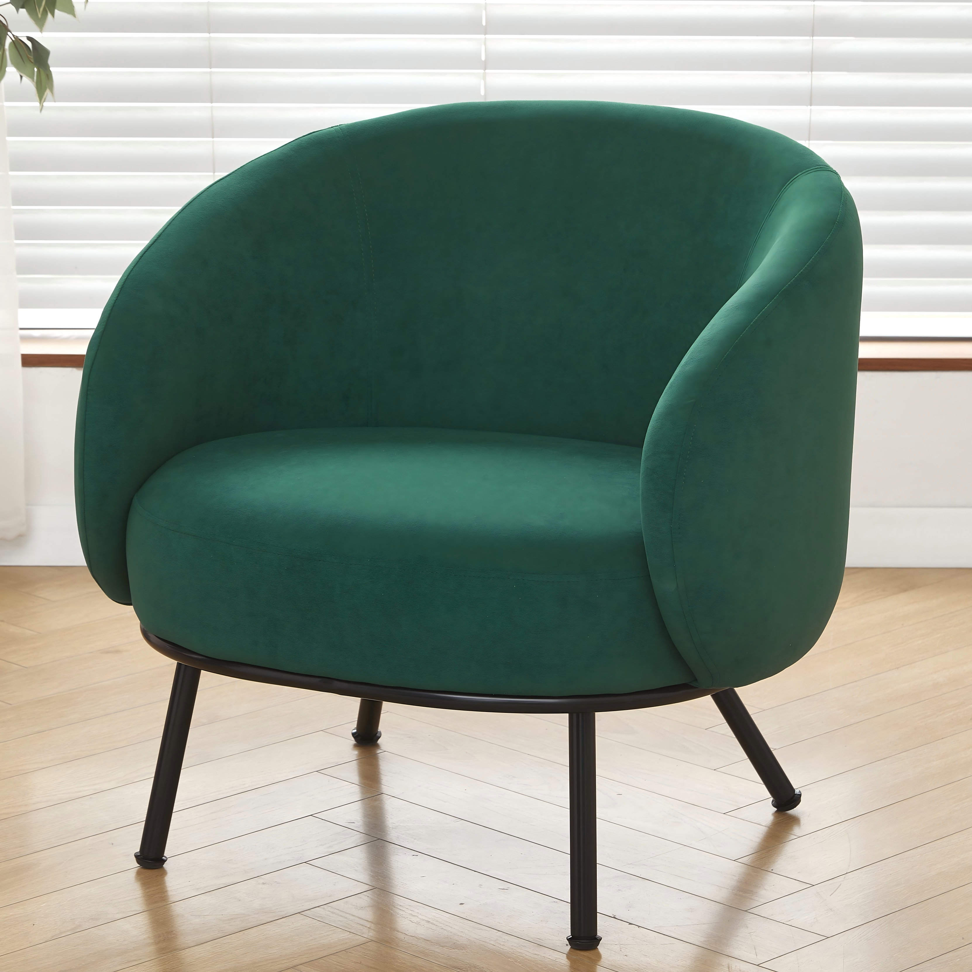 Mid-Century Modern Velvet Accent Chair, Upholstered Barrel Armchair With Metal Legs, Comfy Single Sofa Chair For Living Room Bedroom