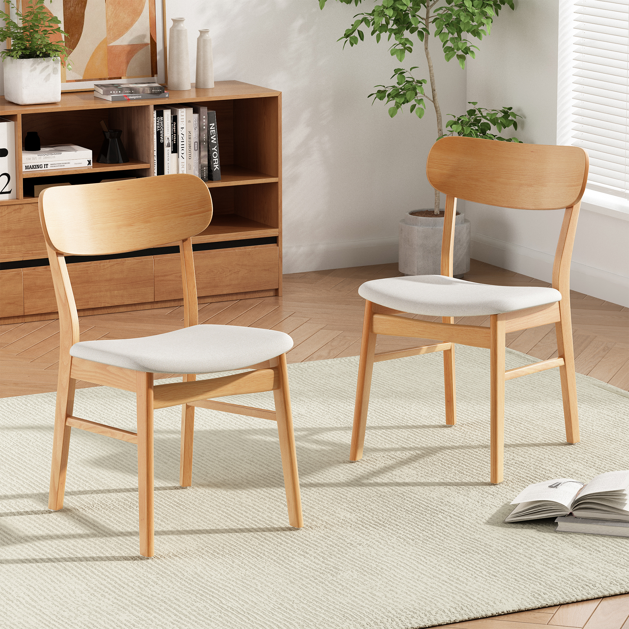 Juego de 2 sillas de comedor, asiento acolchado de tela, patas de madera, beige claro