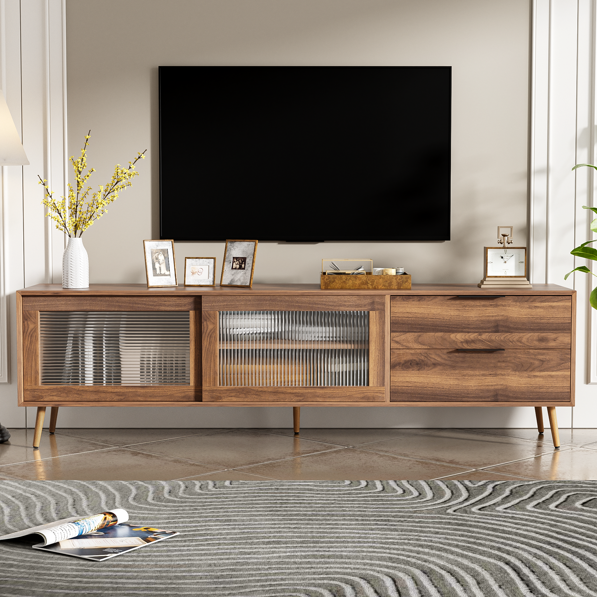Modern TV Stand For 75 TV, TV Console With 2 Glass Doors, Entertainment Center With 2 Drawers & Storage Cabinet, 70 Media Console Table For Living Room, Bedroom