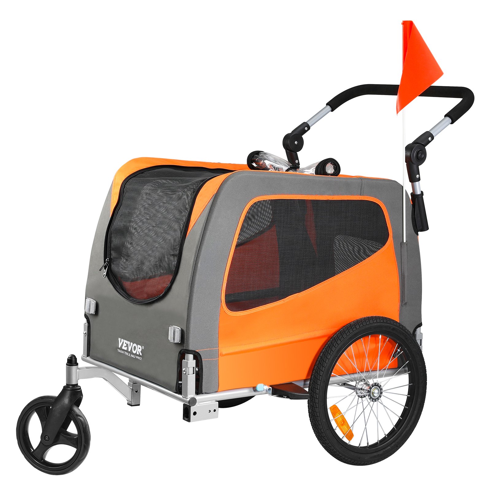 Remolque para bicicleta de perro 2 en 1, soporta 66 libras, plegable, naranja/gris