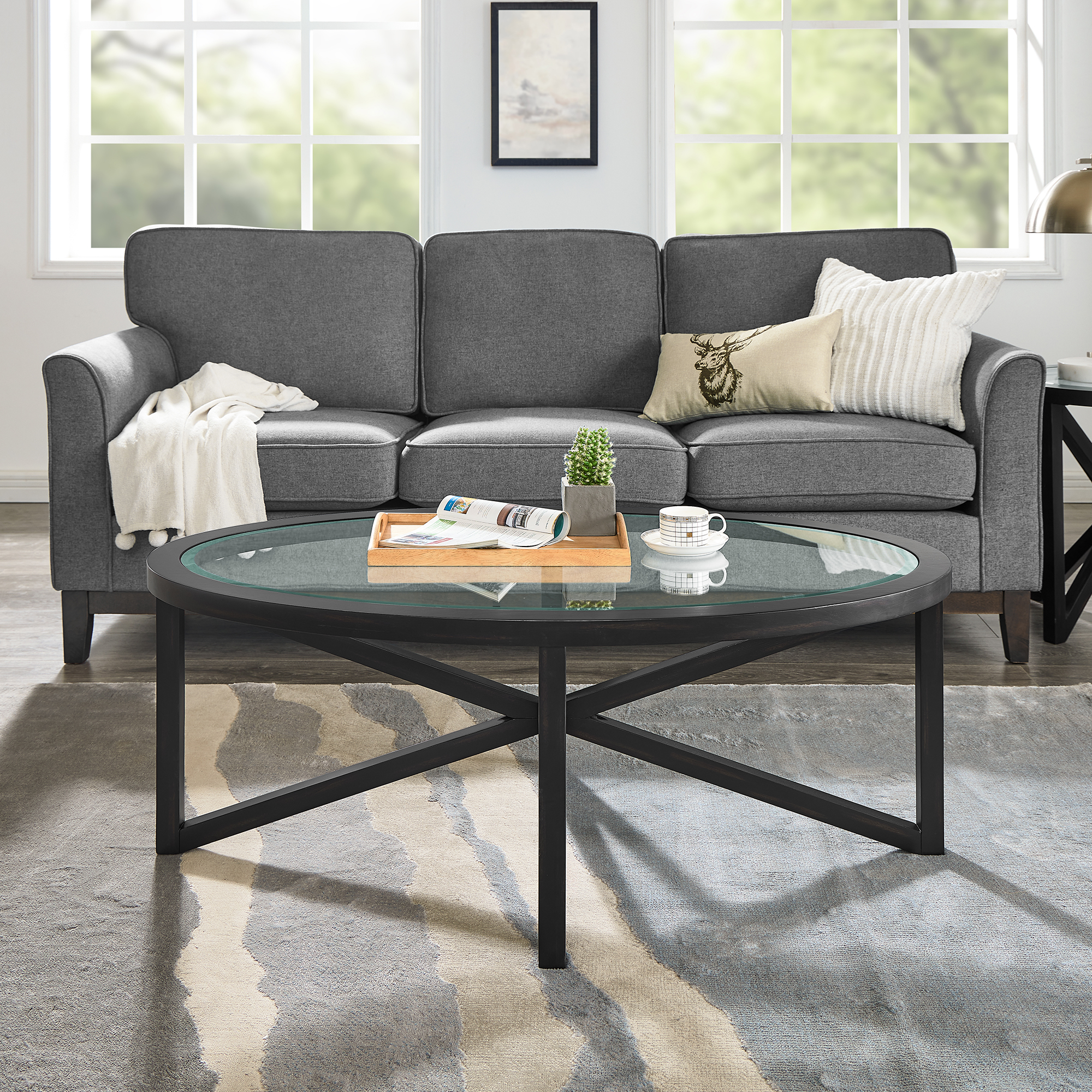 Mesa de centro moderna de cristal templado con base de madera sólida, redonda