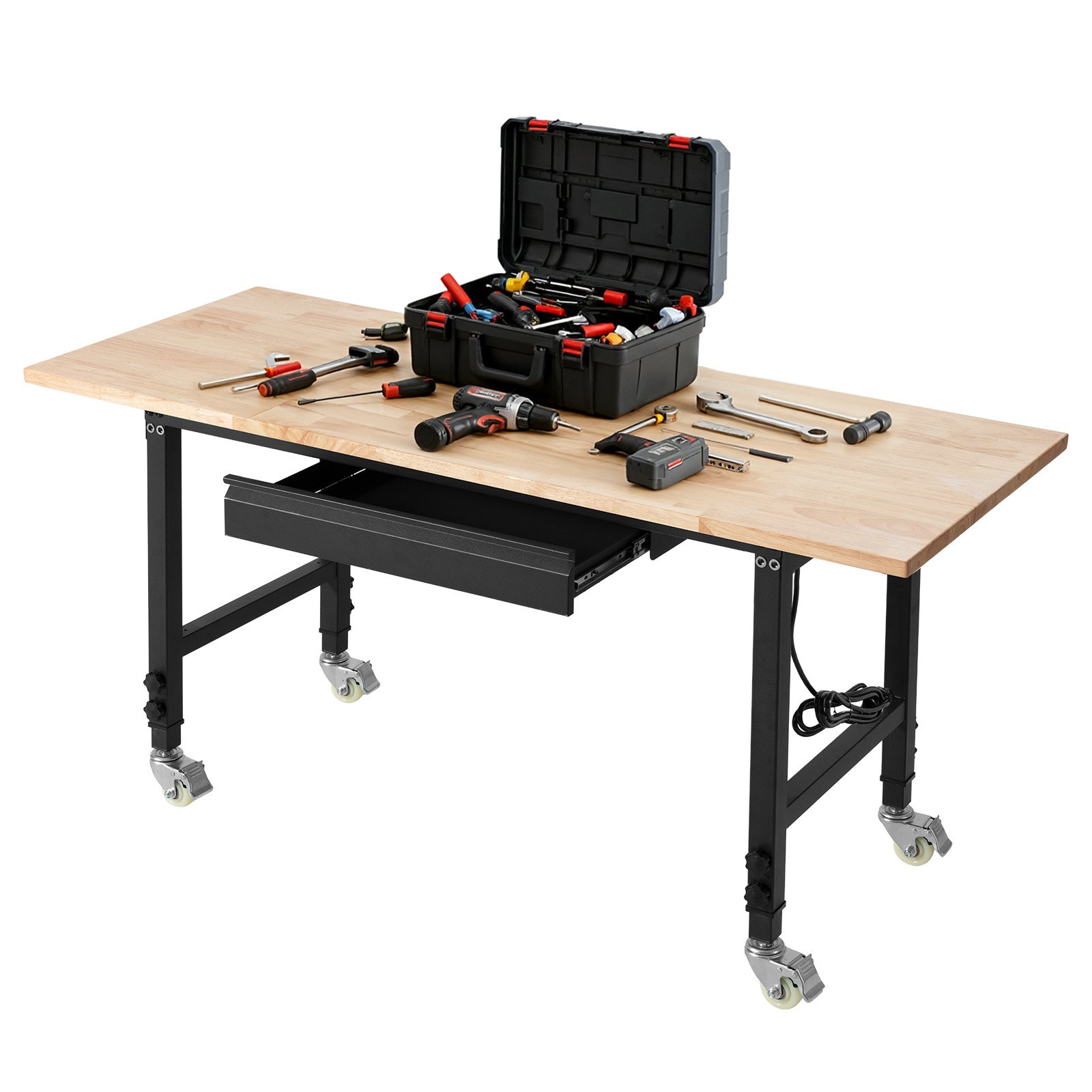 Adjustable Workbench On Wheels, 2000 Lbs Capacity, 60 X 24 Inch Oak Wood Top Workbench With Drawer & Power Outlets, Heavy-Duty Hardwood Worktable For Garage, Workshop, Home, Office, Commercial