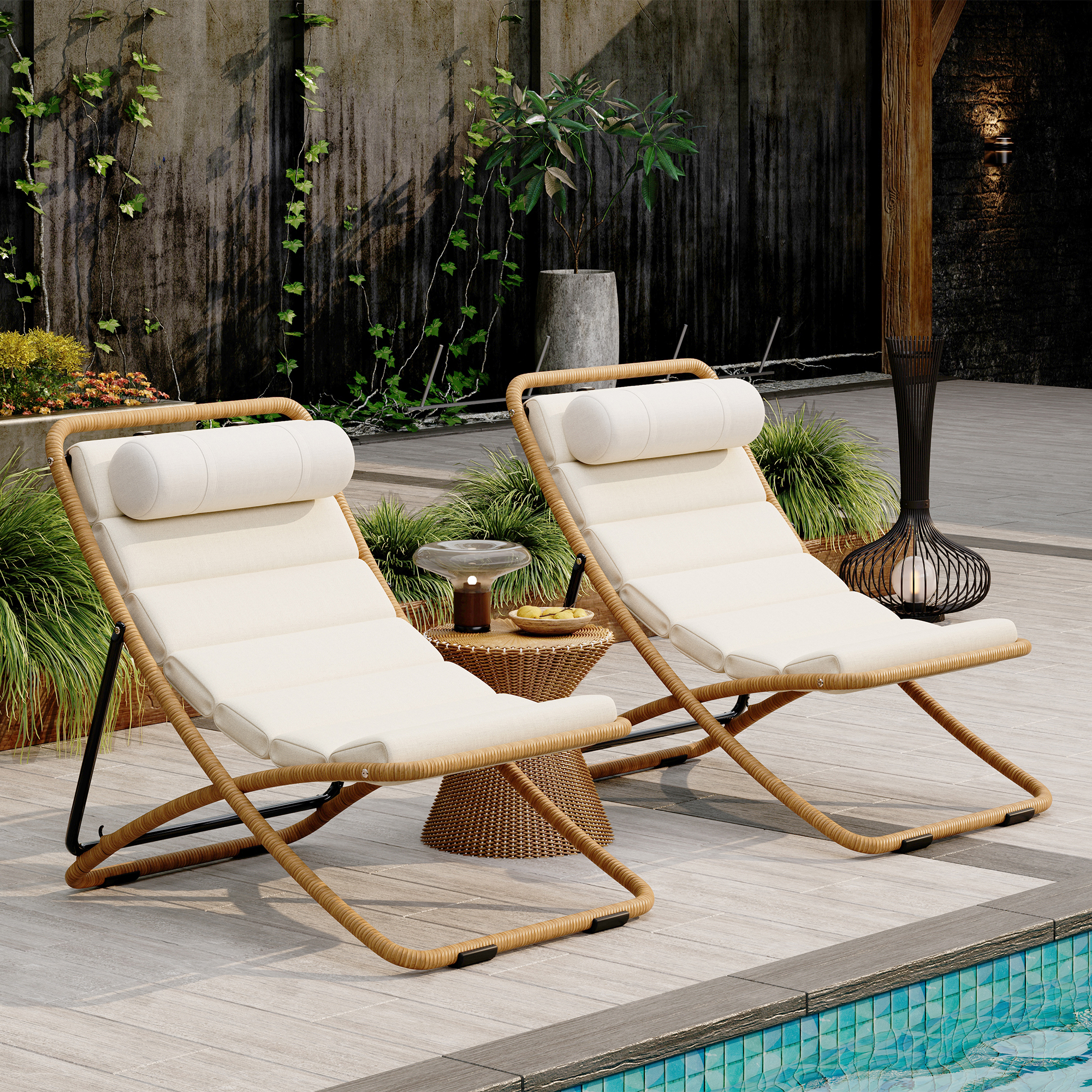 TREXM 2-Pieces Outdoor Folding Chair  Rattan-Wrapped Patio Chair With Adjustable Backrest  Thick Cushion  And Detachable Headrest  For The Poolside  Beach  Backyard  Decck  And Camping  Yellow