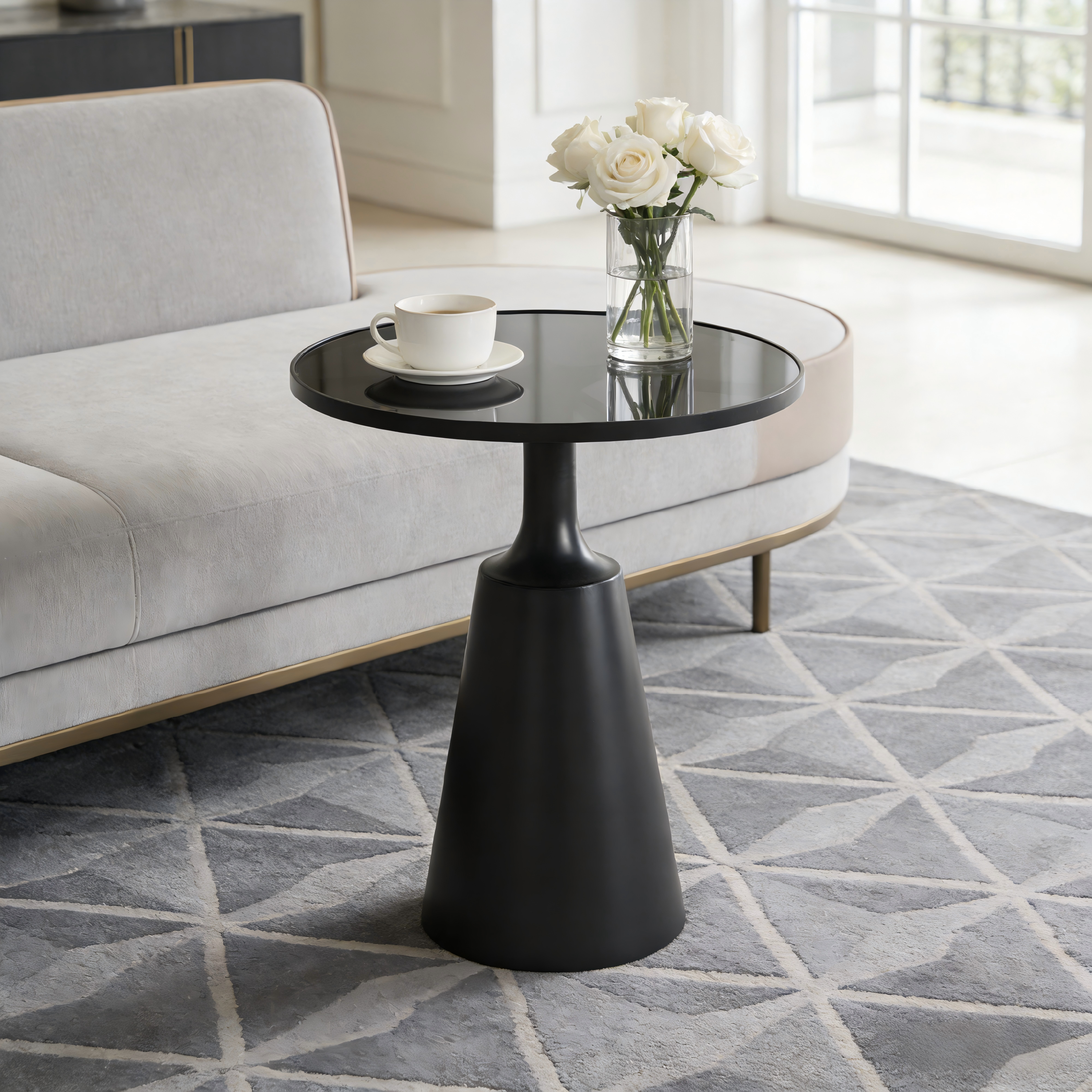 Mesa auxiliar moderna de hierro negro con tapa de cristal redonda, 20" diámetro, 75 libras