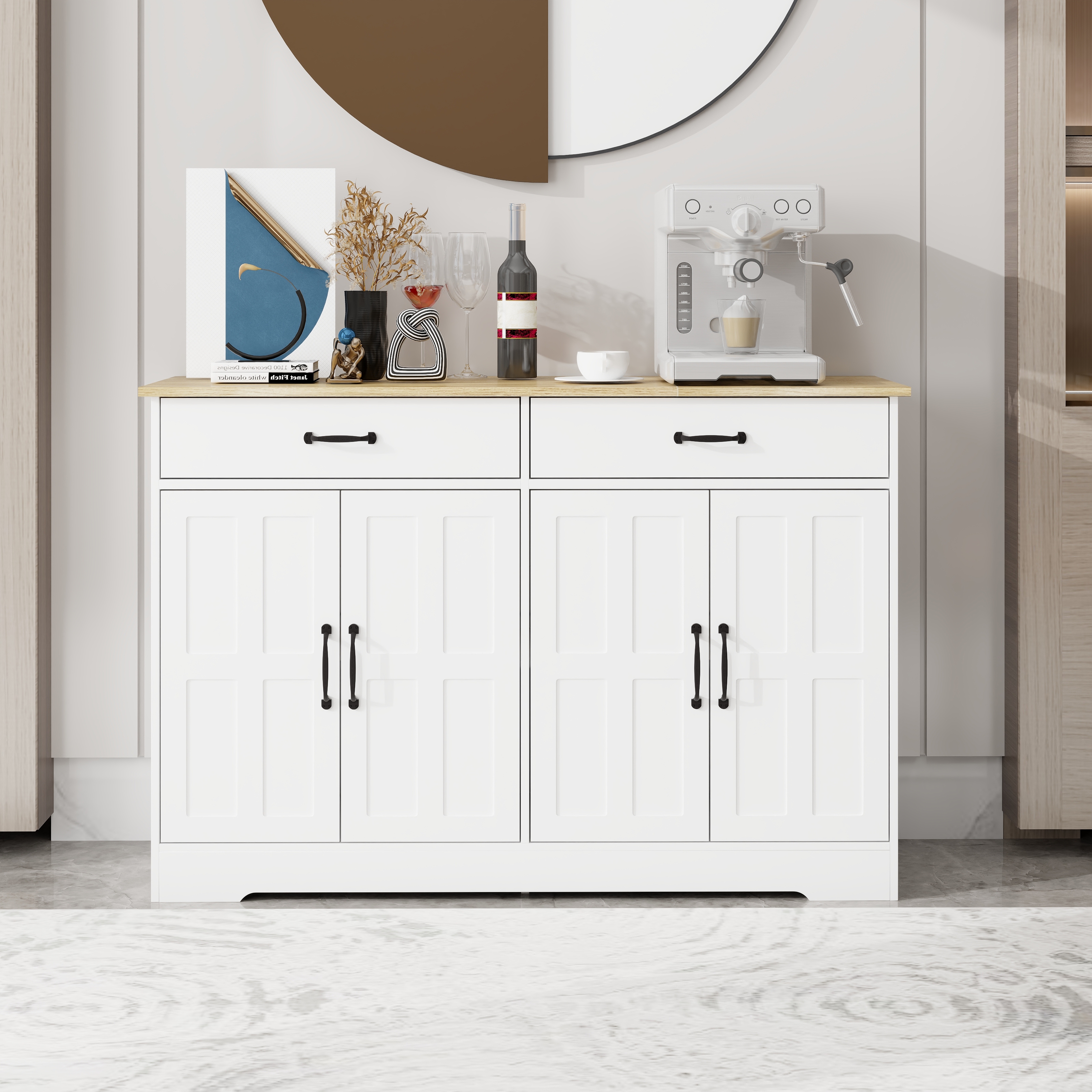 47.95 Farmhouse Buffet Cabinet Storage Sideboard With 2 Drawers And 4 Doors For Dining Living Room Kitchen Cupboard-White