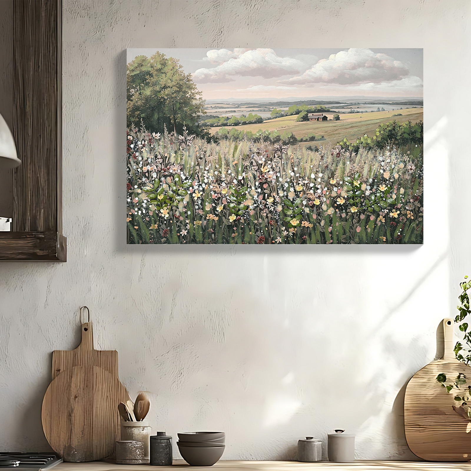 Cuadro de lienzo enmarcado, decoración vintage de paisaje con flores, 24x36