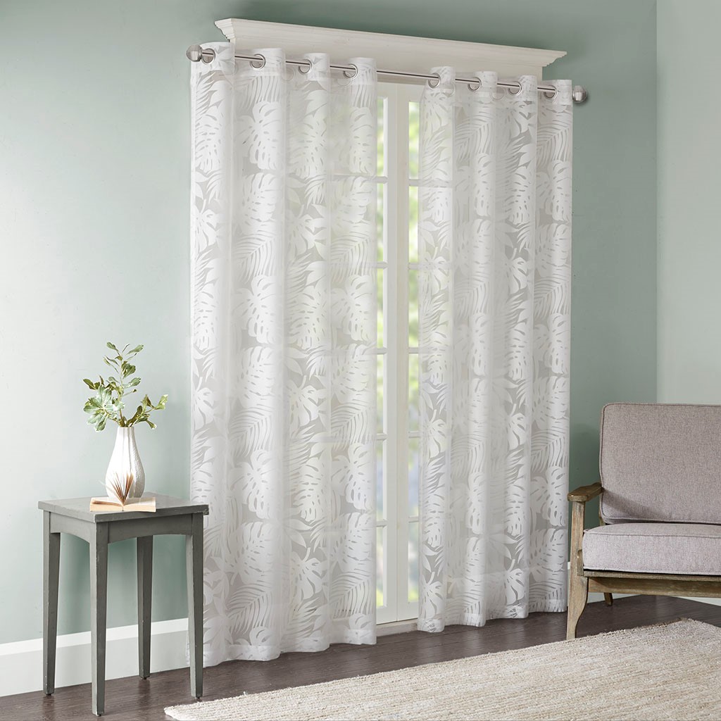 Cortina traslúcida blanca con diseño hoja de palma, 50x84 pulgadas