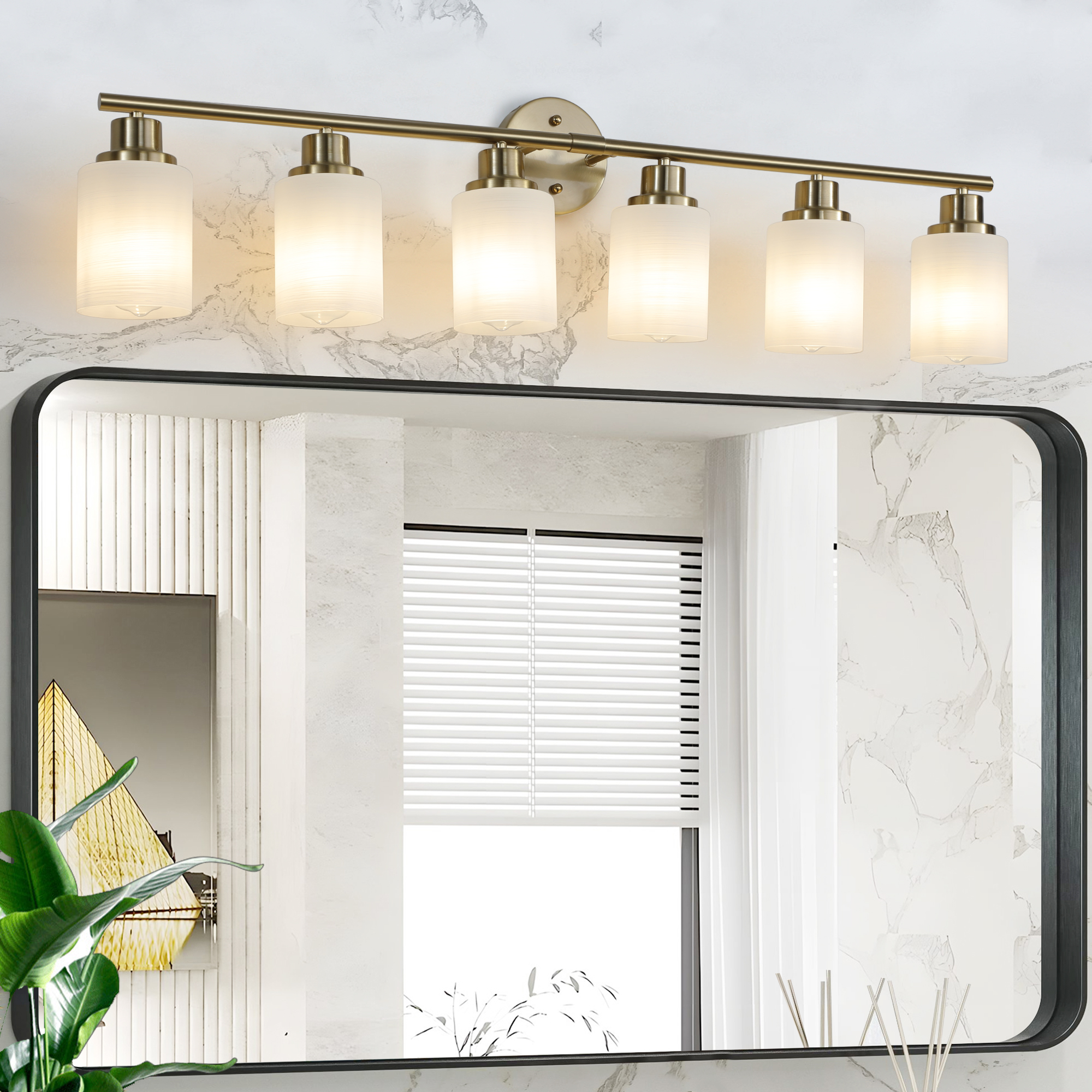 39  Modern 6-Light Vanity Wall Sconce, Golden Finish With Frosted Glass Shades For Bathroom Or Hallway Lighting No Bulbs