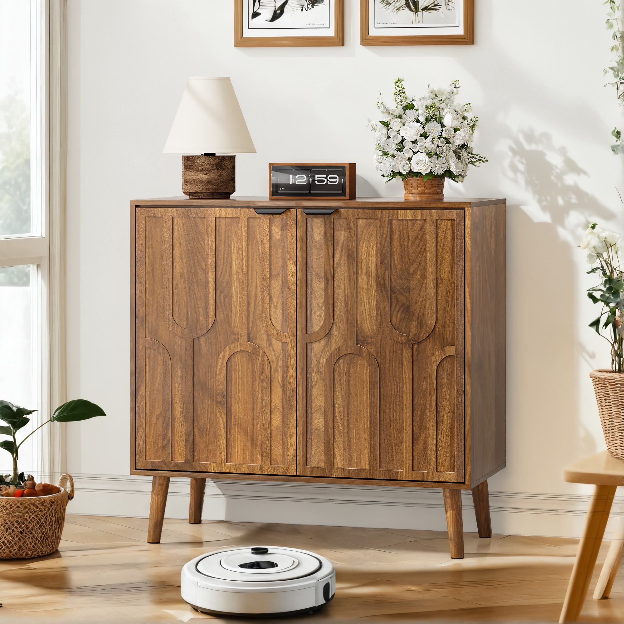Sideboard Buffet Cabinet With Storage, Farmhouse Buffet Cabinet With Paper Clip Design, Wood Coffee Bar Storage Cabinet For Kitchen, Dining Room, Living Room, Entryway, Walnut,31.5  W