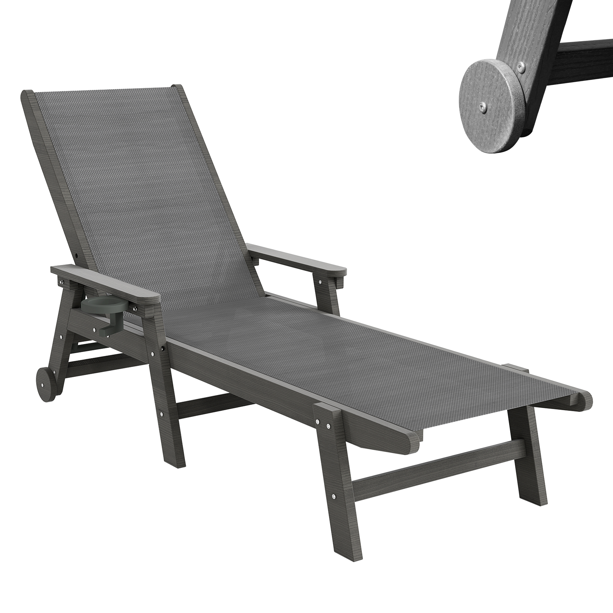 Tumbona de exterior HDPE con ruedas, reclinable de 5 posiciones, gris oscuro