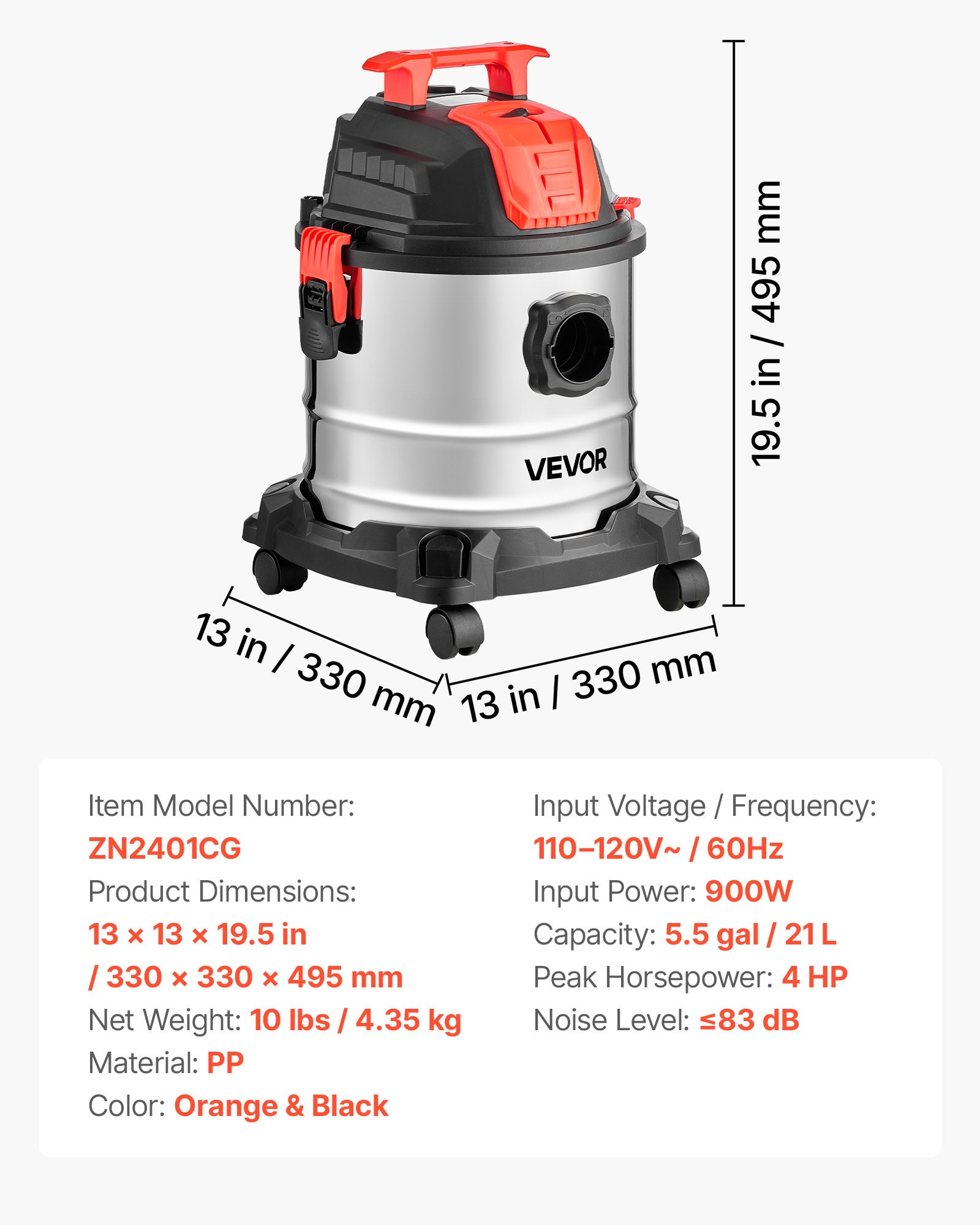 Aspiradora de taller húmeda/seca 5.8 galones, 4 HP, autolimpieza, tanque de metal