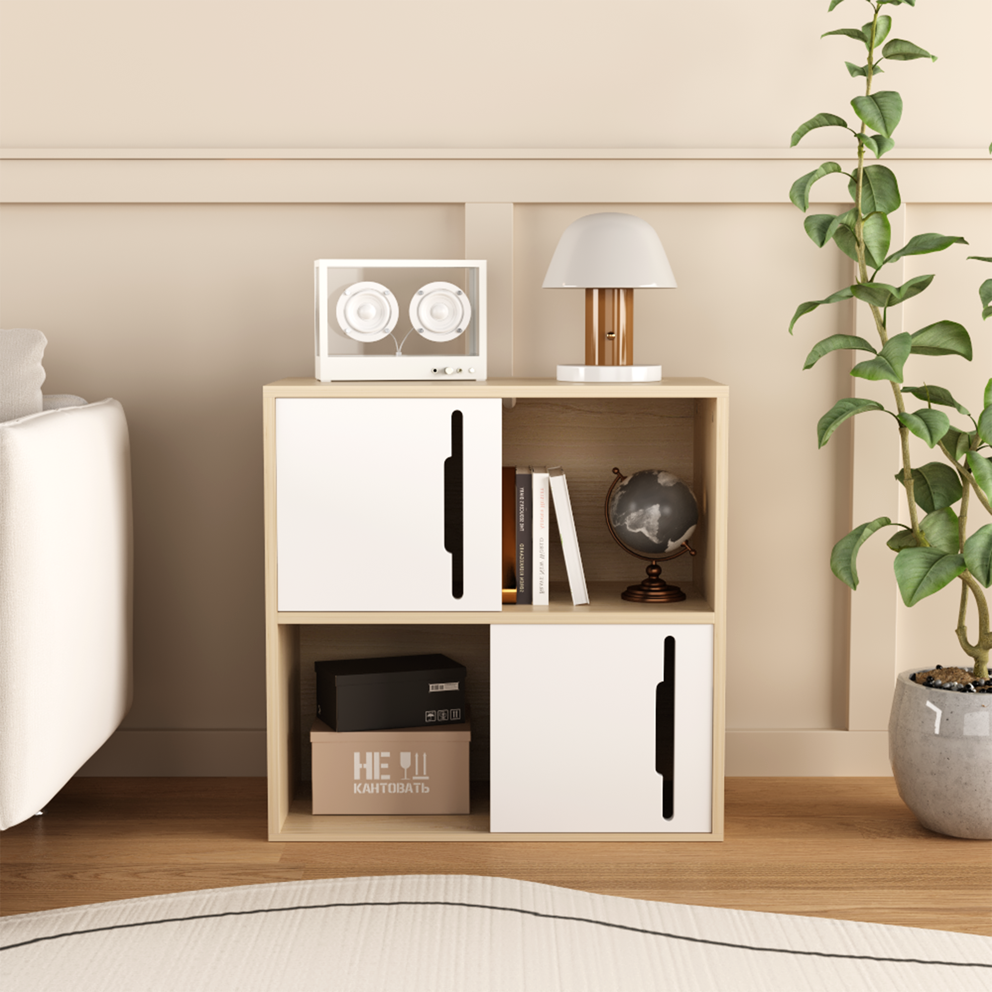 Gabinete de almacenamiento de madera moderno con puertas corredizas y 2 niveles.