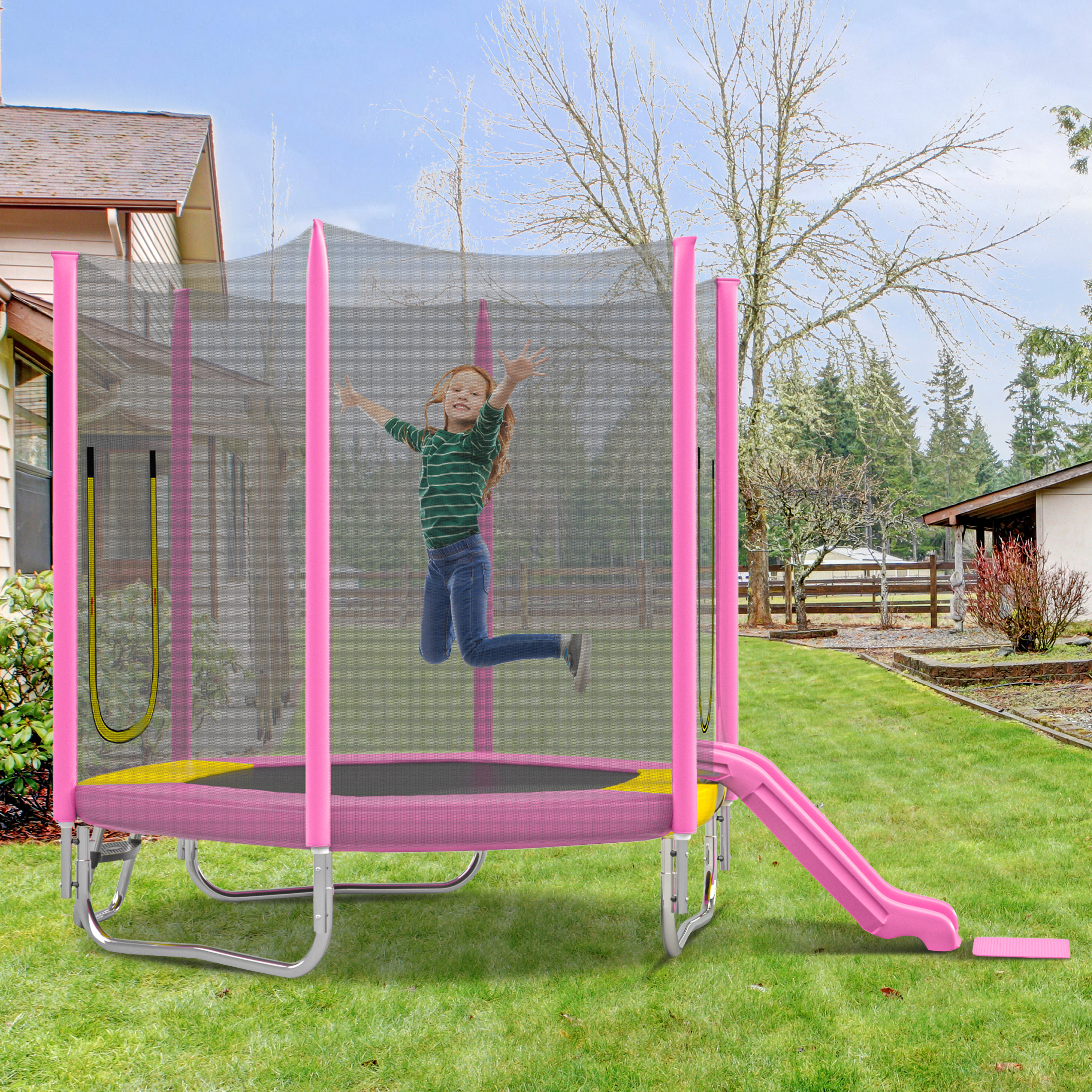 7FT Trampoline For Kids With Safety Enclosure Net, Slide And Ladder, Easy Assembly ,Regular Hexagon Outdoor Recreational Trampoline, Pink