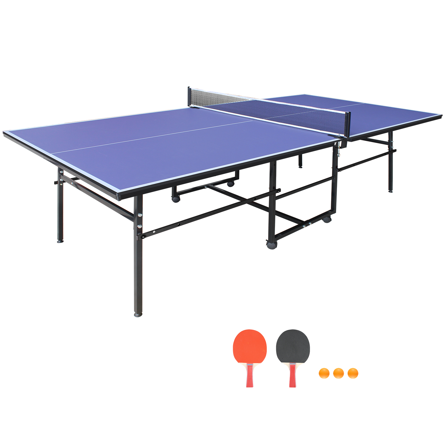Mesa de tenis de mesa azul plegable y portátil, 9x4.1 pies, con red y paletas
