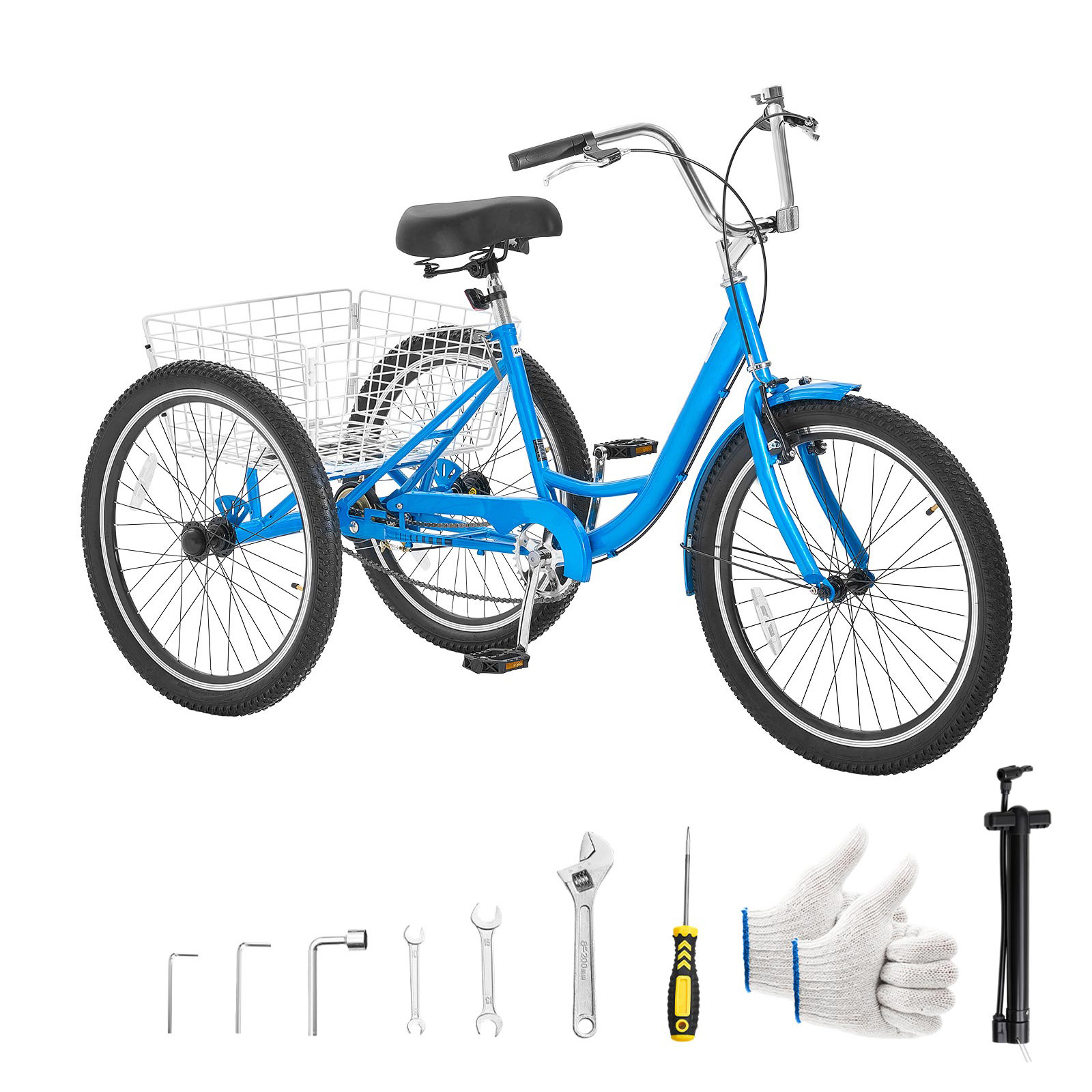 Triciclo para adulto de 24 pulgadas, 3 ruedas, con cesta de carga y asiento ajustable