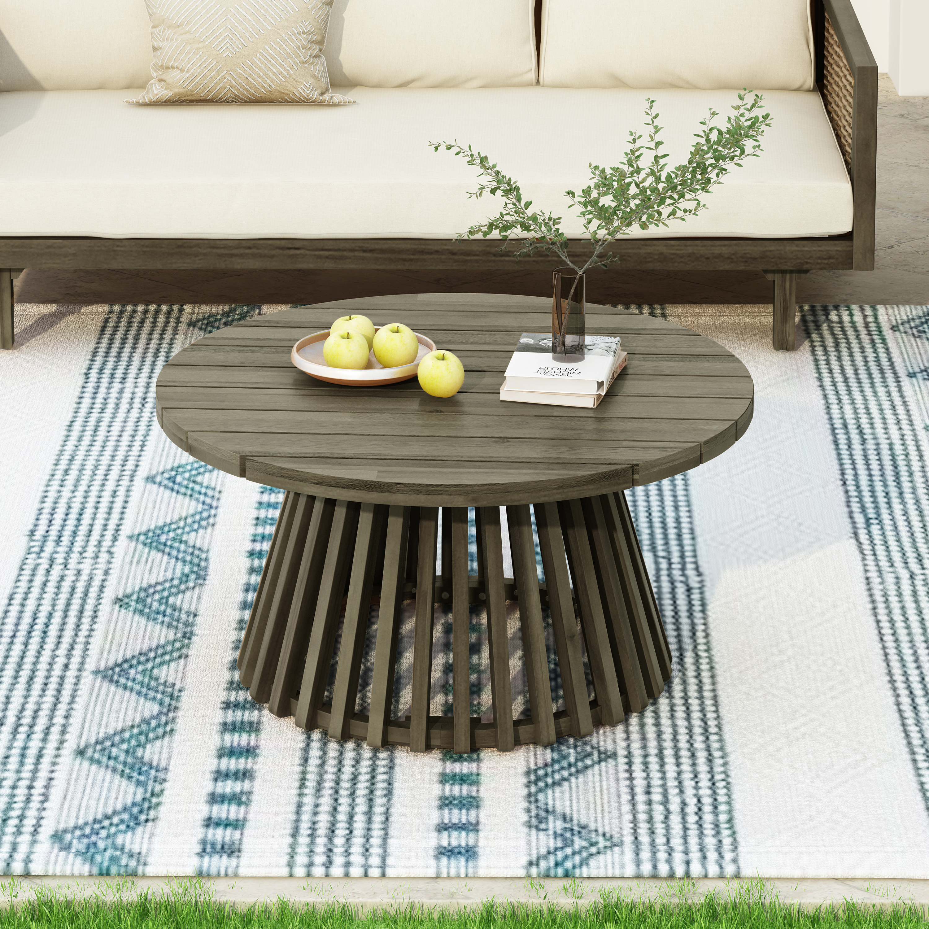 Mesa de centro redonda para exterior, madera de acacia, acabado gris.