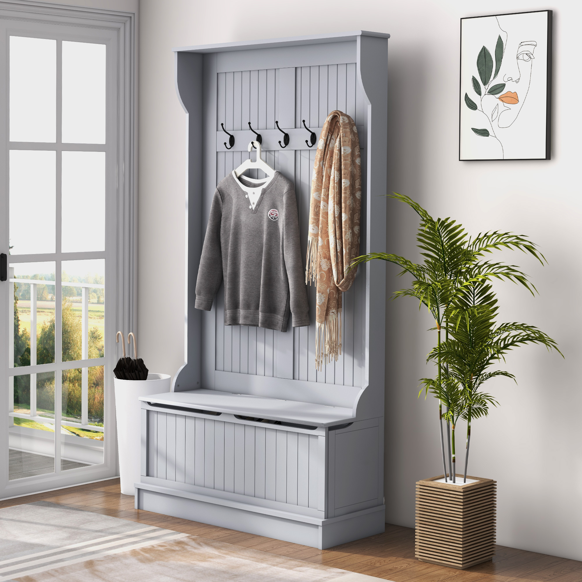 3-In-1 Entryway Bench with Coat Rack, Hall Tree with Bench and Shoe Storage, 5 Hooks for Hallway
