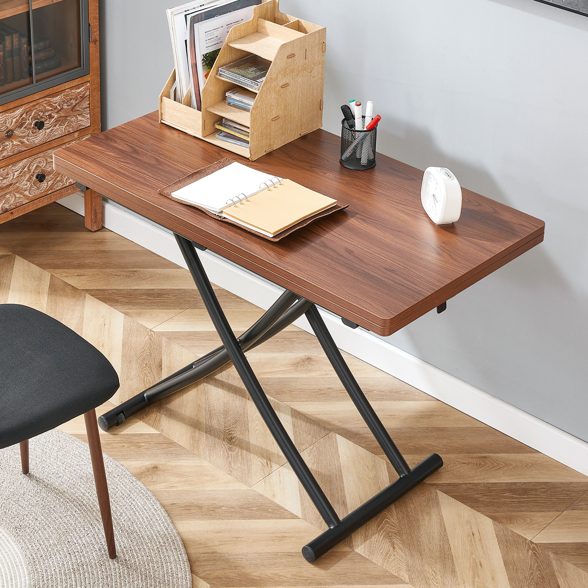 Modern Minimalist Multifunctional Lift Table With 0.8 Inch Thick MDF Desktop And Black Metal Legs, Can Be Used As A Dressing Table, Coffee Table, Dining Table, And Office Table.Walnut Textured Desktop