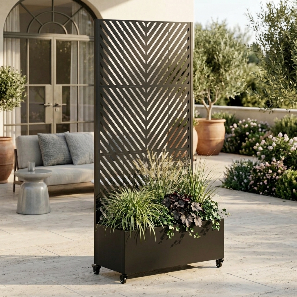 Metal Planter Box With Trellis,  73 X35 X16 Metal Raised Garden Bed With Trellis, Metal Planter Box With Drainage Holes & Lockable Wheels & Privacy Screen For Climbing Plants, Vegetables, Vines