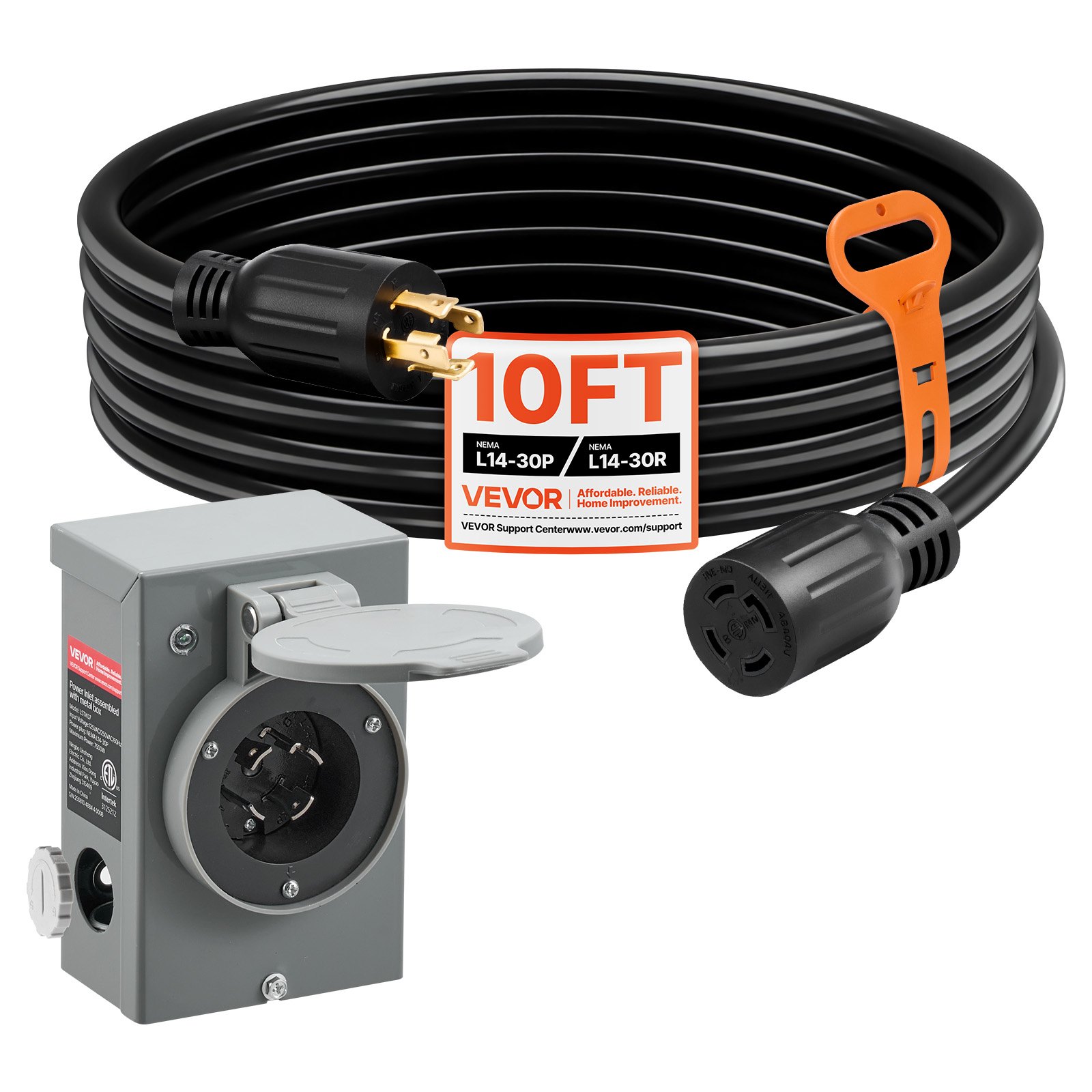 30 Amp Generator Cord And Power Inlet Box, 10 FT, 125&250V NEMA L14-30P To L14-30R Heavy Duty Extension Power Cord, SJTW 10 Gauge 7500W, Pre-Drilled Inlet Box, For Generator To House, ETL Listed