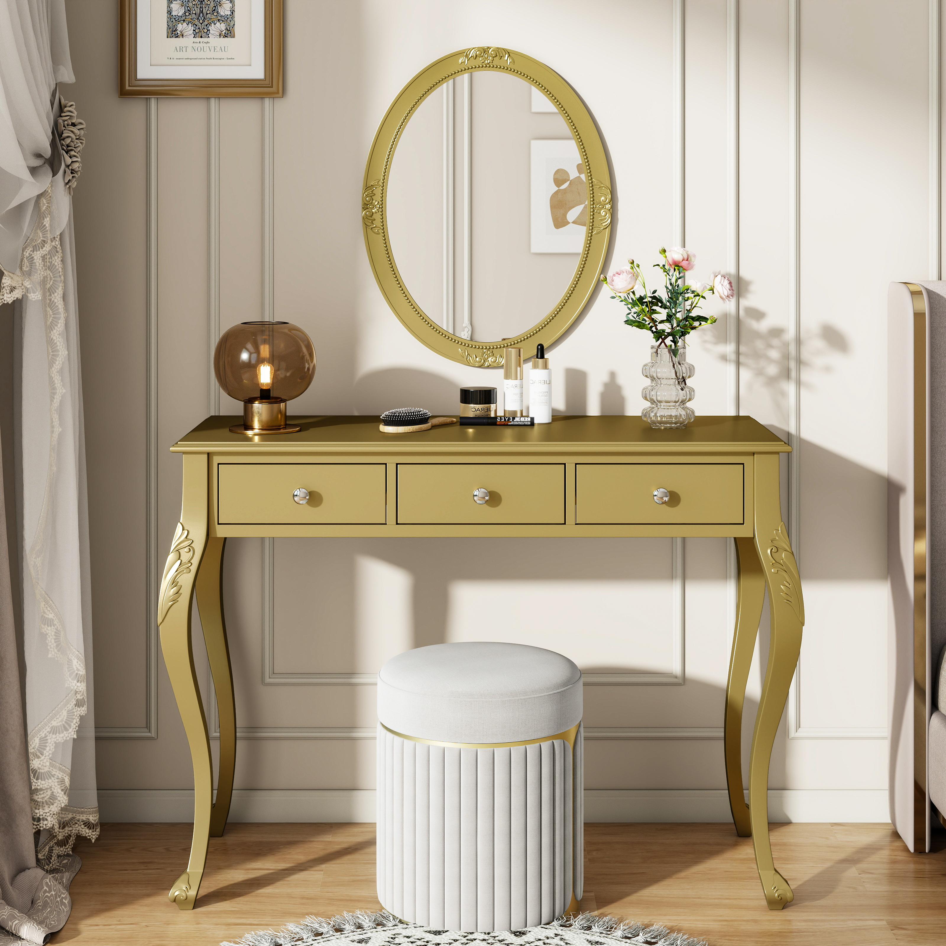 Luxury Makeup Vanity Desk With Oval Mirror, 3-Drawer Dressing Table For Jewelry Storage, Elegant Console Table For Entryway, Living Room & Bedroom, Stylish Home Decor,Gold