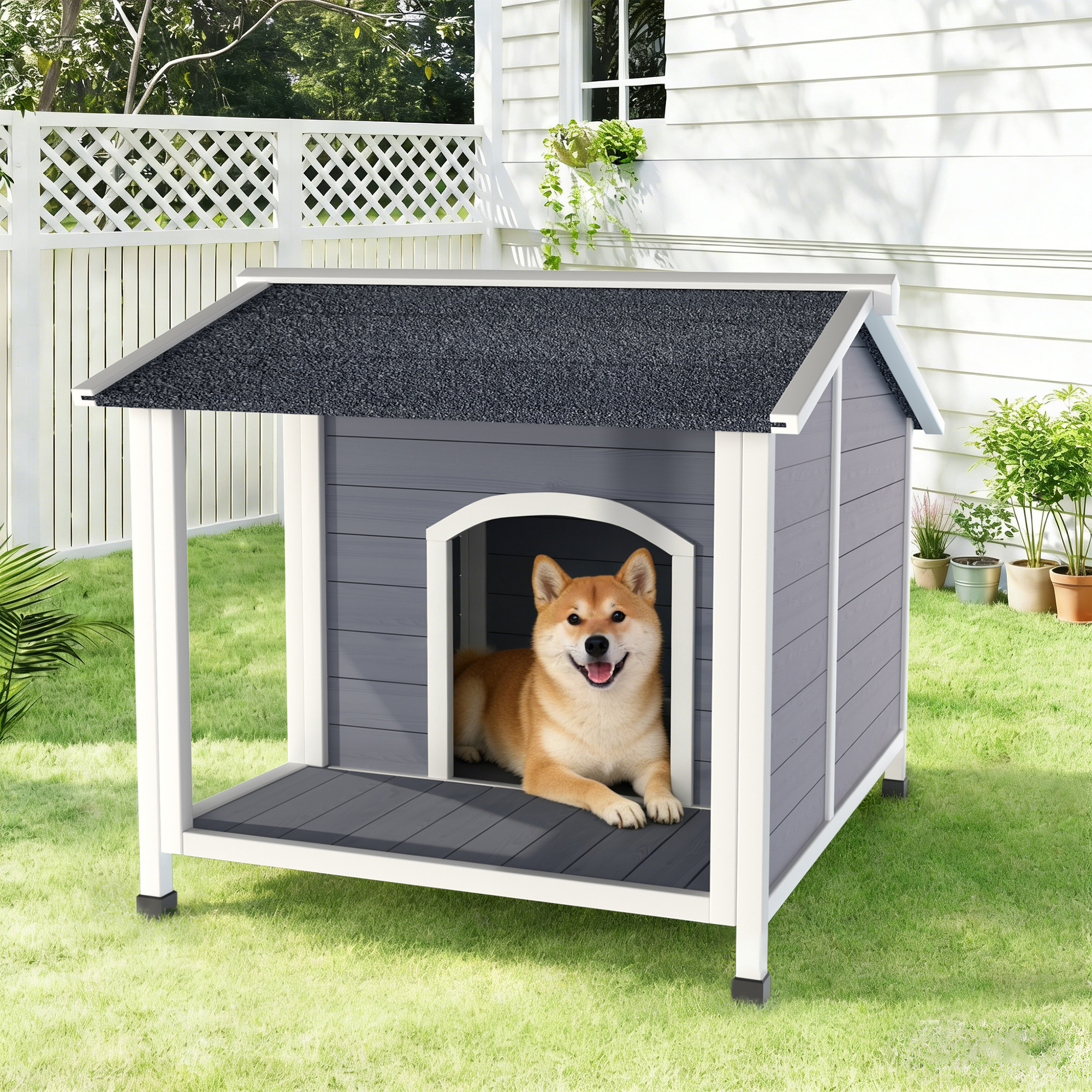 Casa para perro de exterior, madera, techo de asfalto, piso elevado, fácil montaje