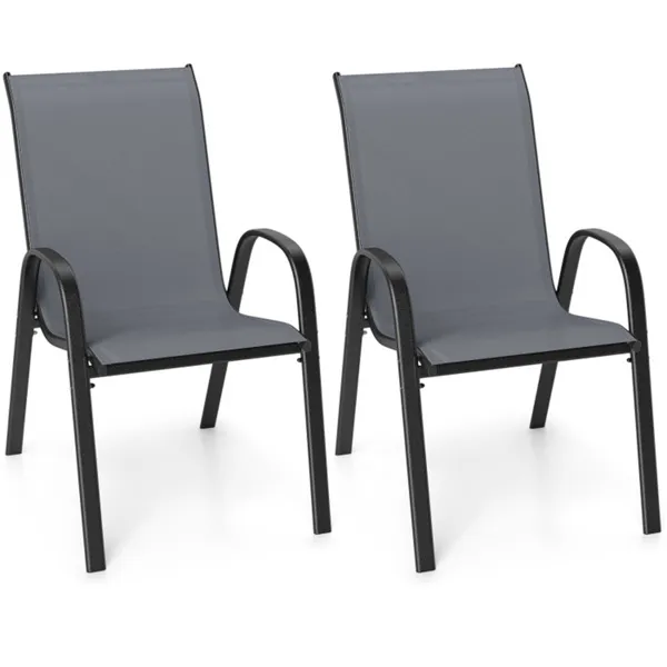 Gray 2 Pack Stackable Patio Dining Chairs, Ergonomic Steel Frame Breathable Fabric Outdoor Chairs 330 LBS Capacity