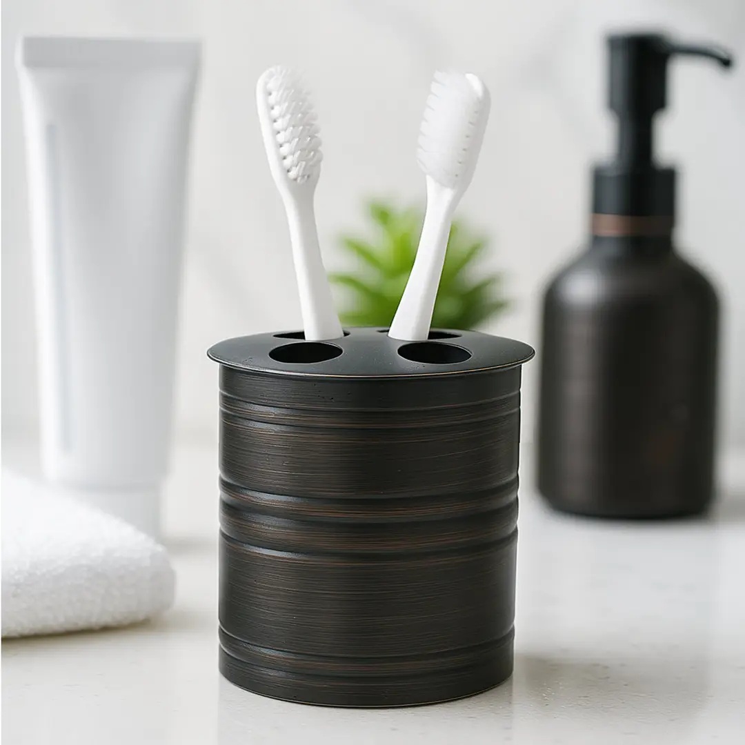 Soporte compacto de acero inoxidable para cepillos, rastrillos y maquillaje.