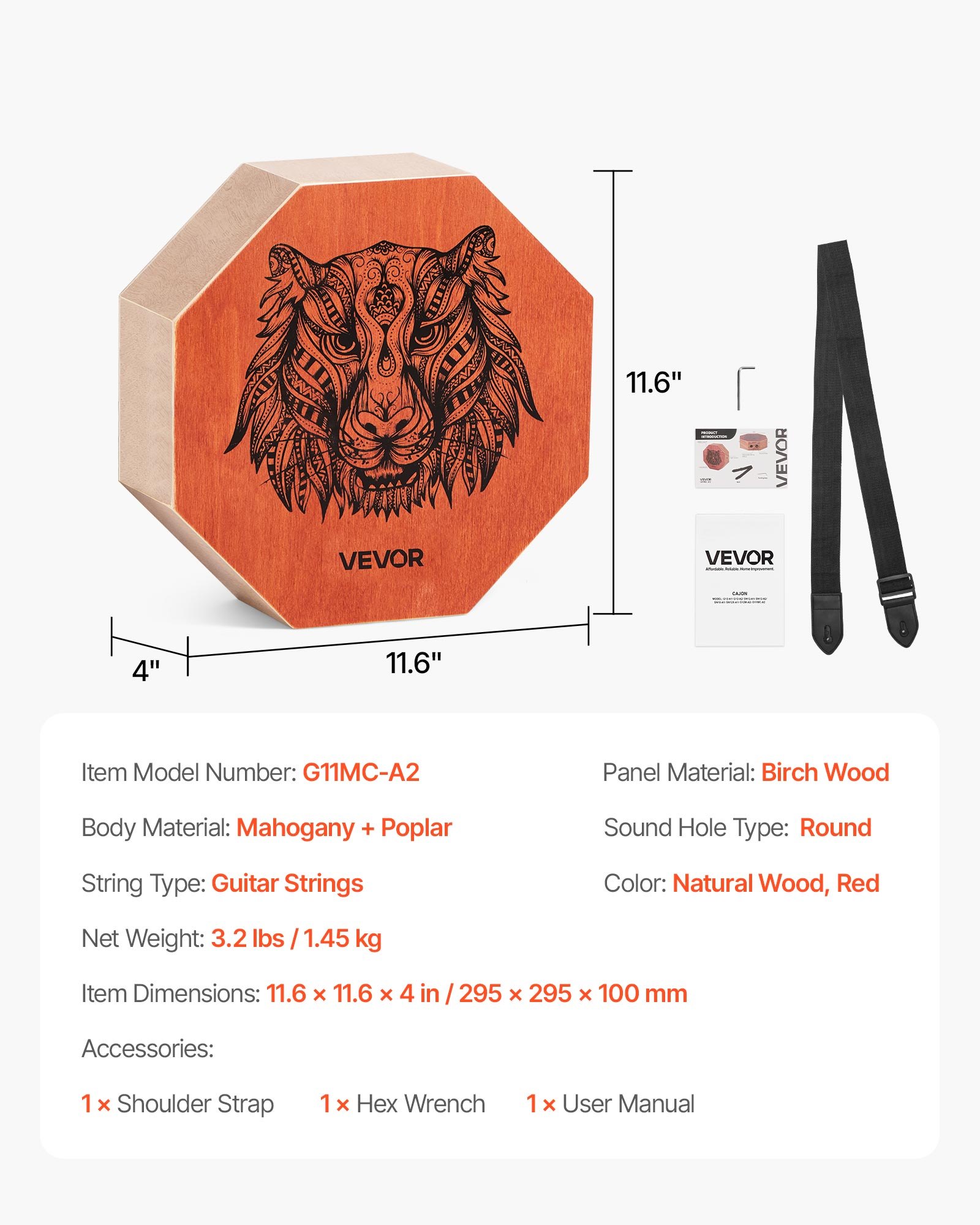 Unique Cajon Box Drum, With Internal  Guitar Strings, Portable Wooden Percussion Box, Birch Wood Drum Musical Instrument with Adjustable Strap, for Beginners & Professionals, 11.6 X 11.6 X 4 In