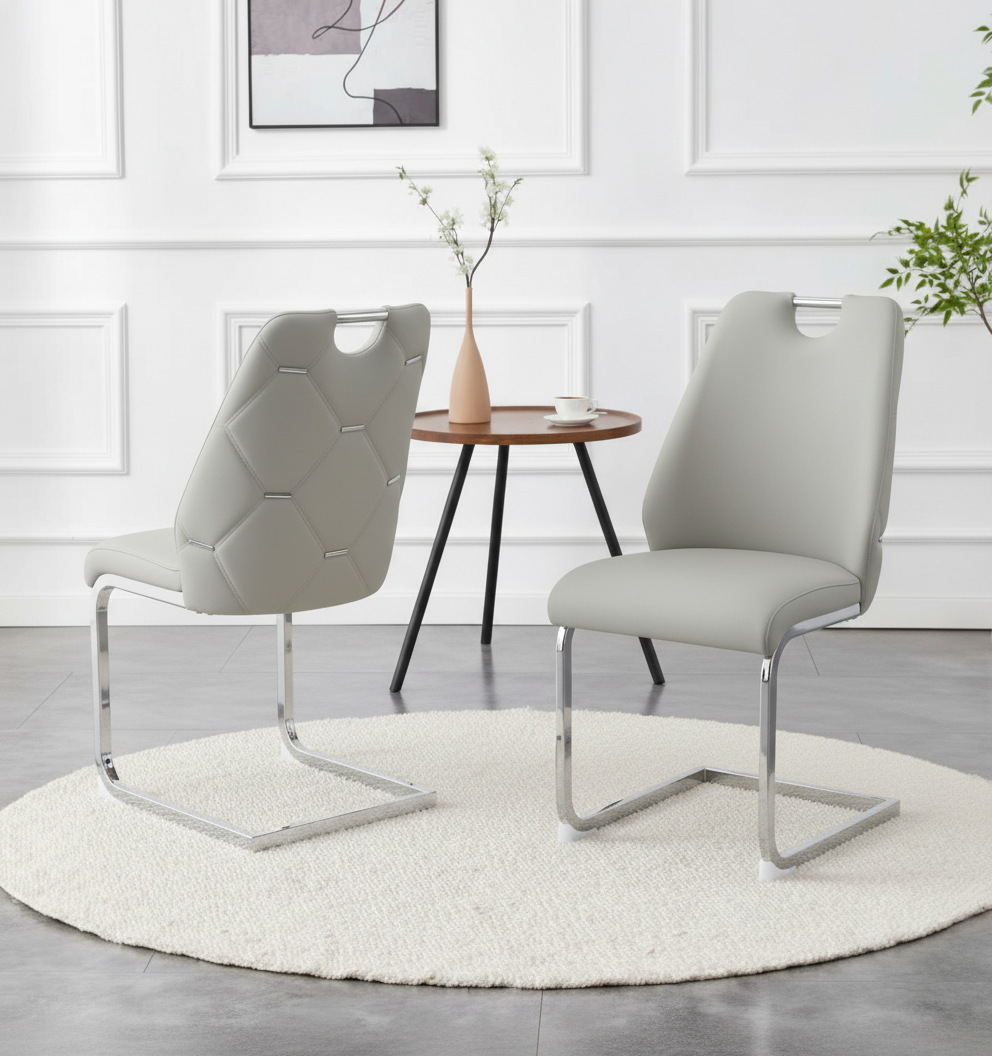 Sillas de comedor (Set de 2) de piel sintética gris claro con textura de malla dorada