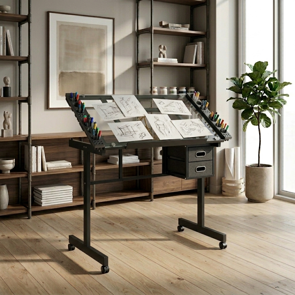 Mesa de dibujo y manualidades ajustable, con 2 cajones de tela y 4 ruedas, negra
