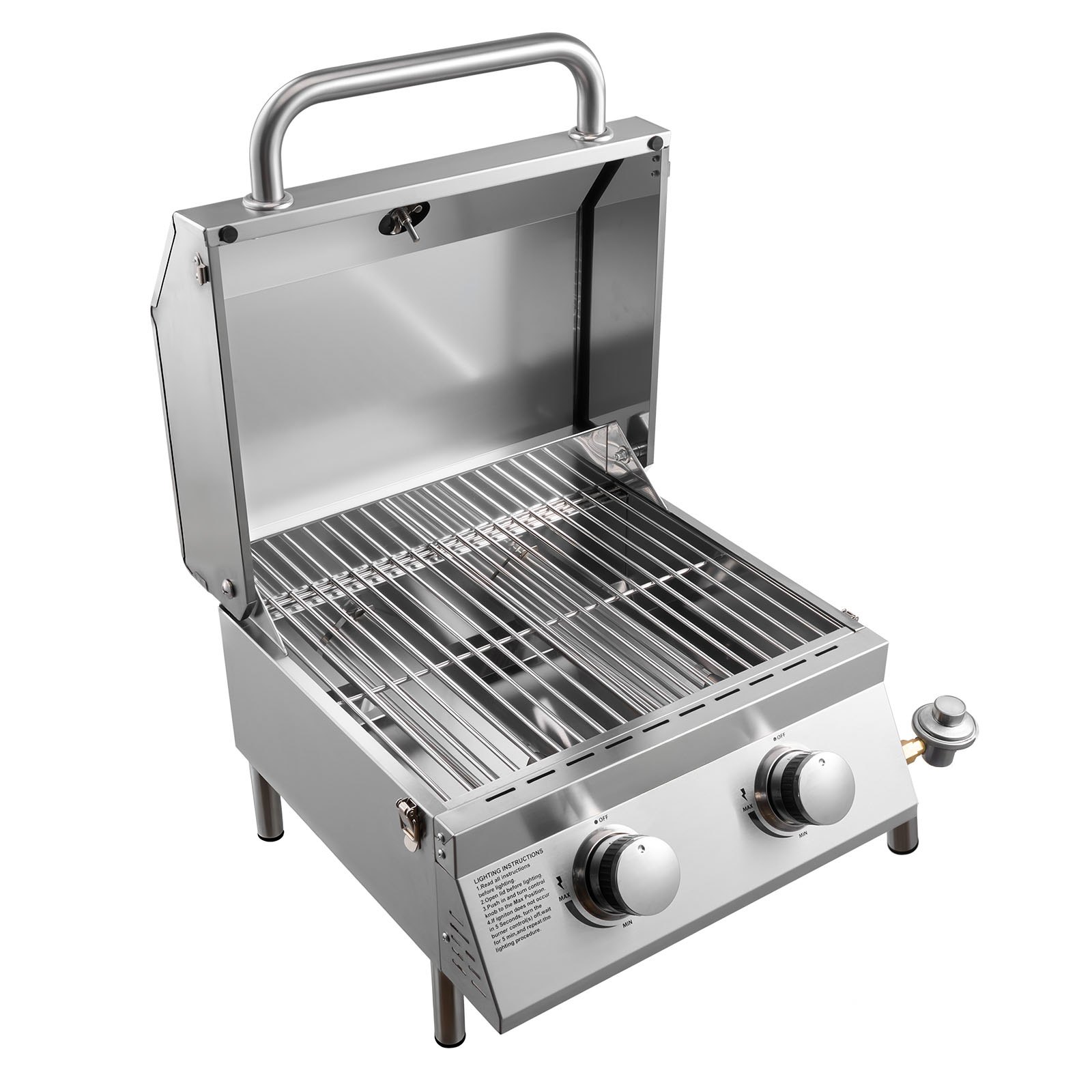 Parrilla de gas de mesa portátil, 2 quemadores, acero inoxidable, 15,000 BTU