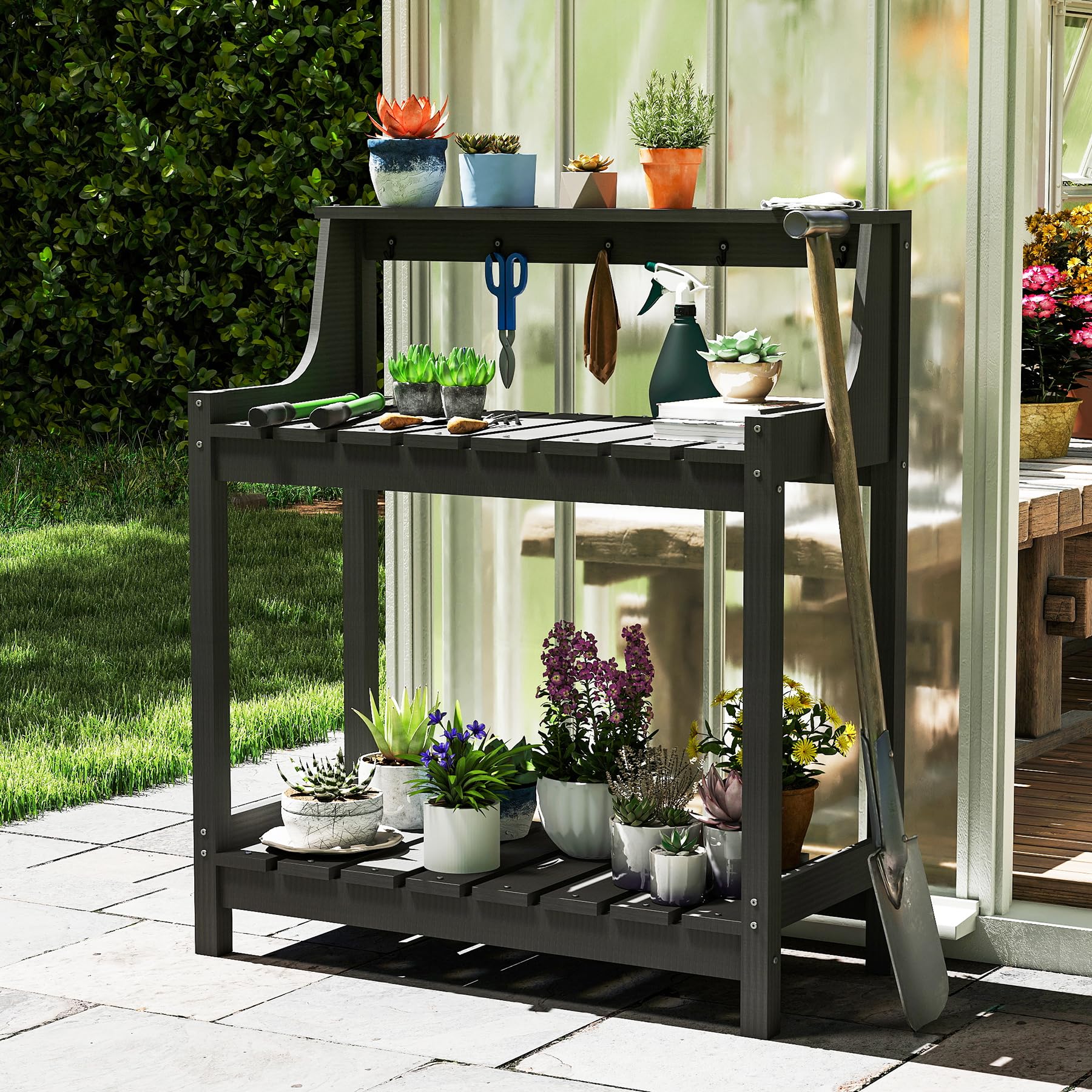 Potting Benches For Outside, HDPE Garden Potting Table All Weather, Outdoor Potting Table With Storage For Patio, Backyard, Garden, Grey