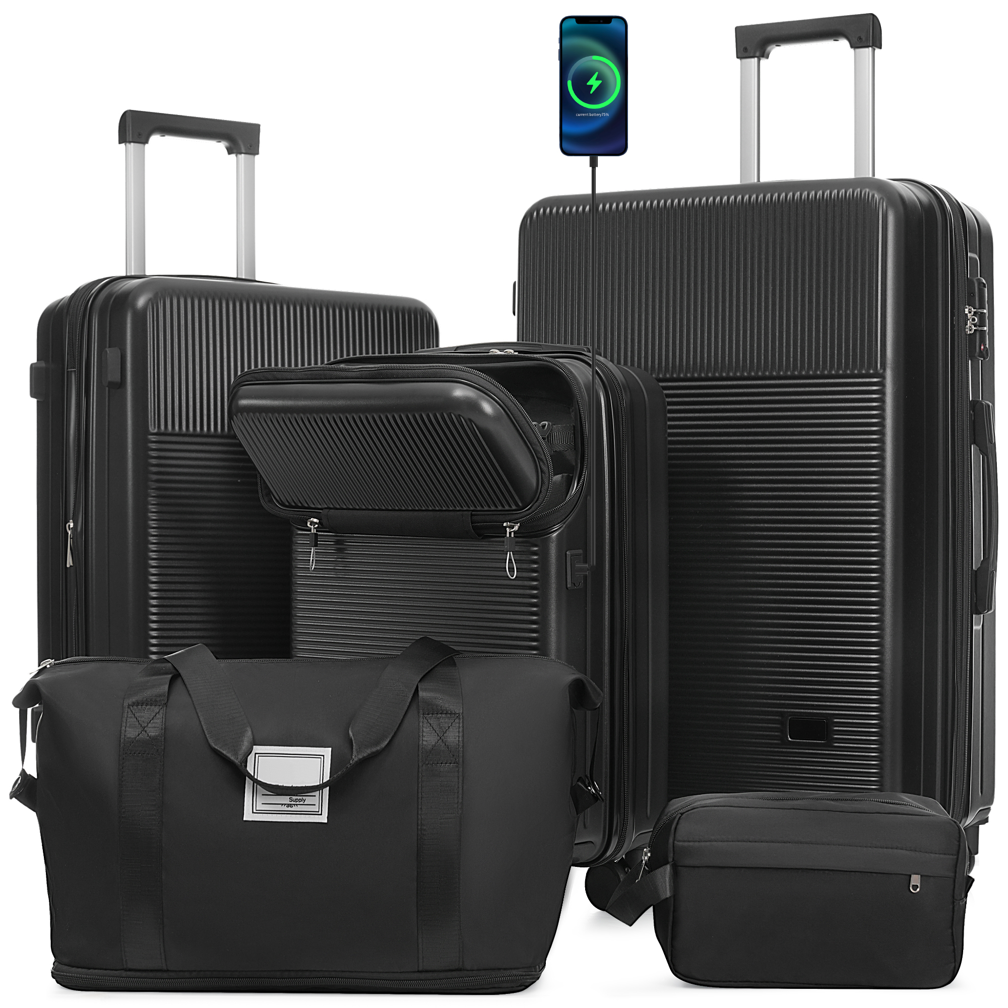 Set de 5 maletas rígidas ligeras con ruedas giratorias, puerto USB y cerraduras TSA.
