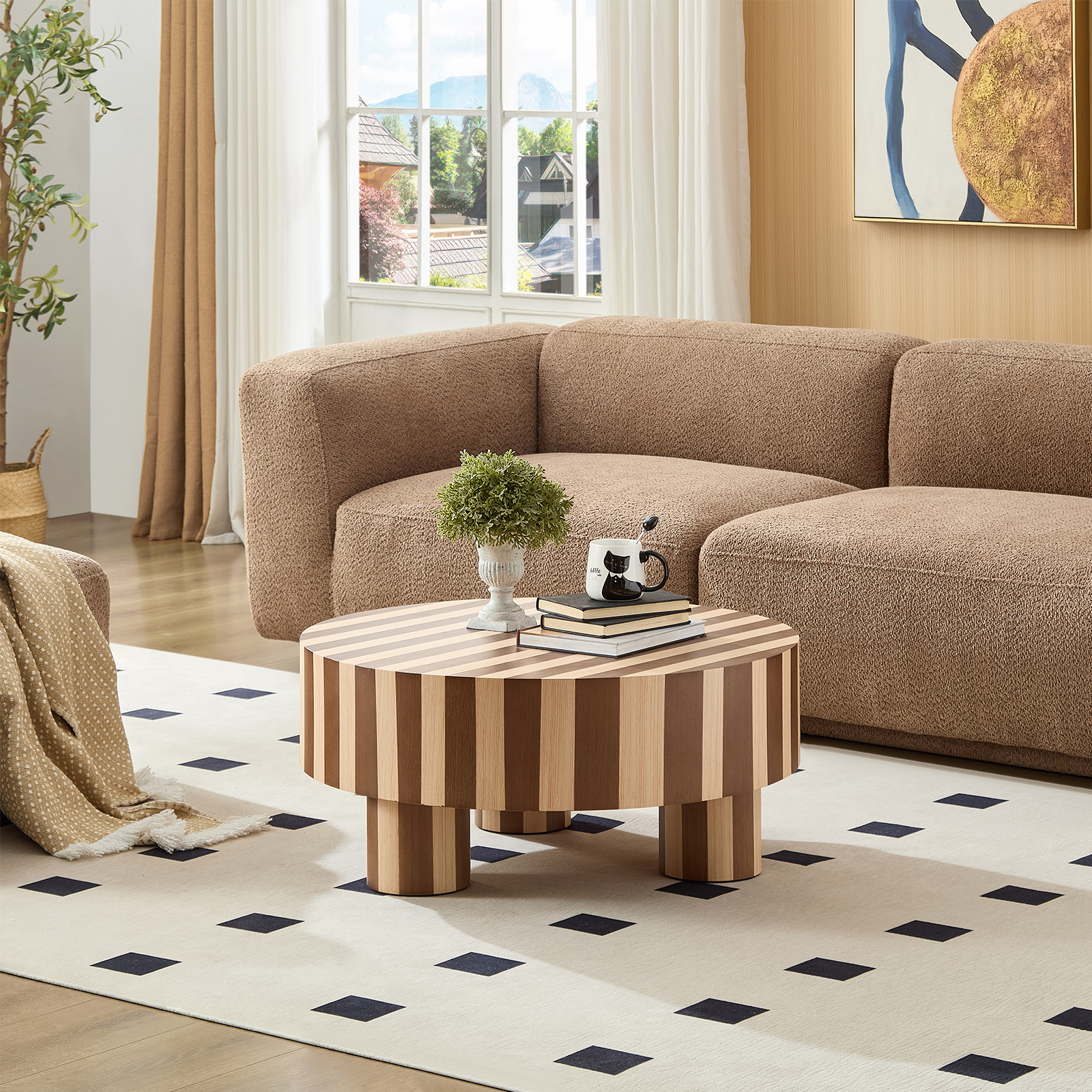 Mesa de centro redonda de madera, acabado natural, para sala de estar