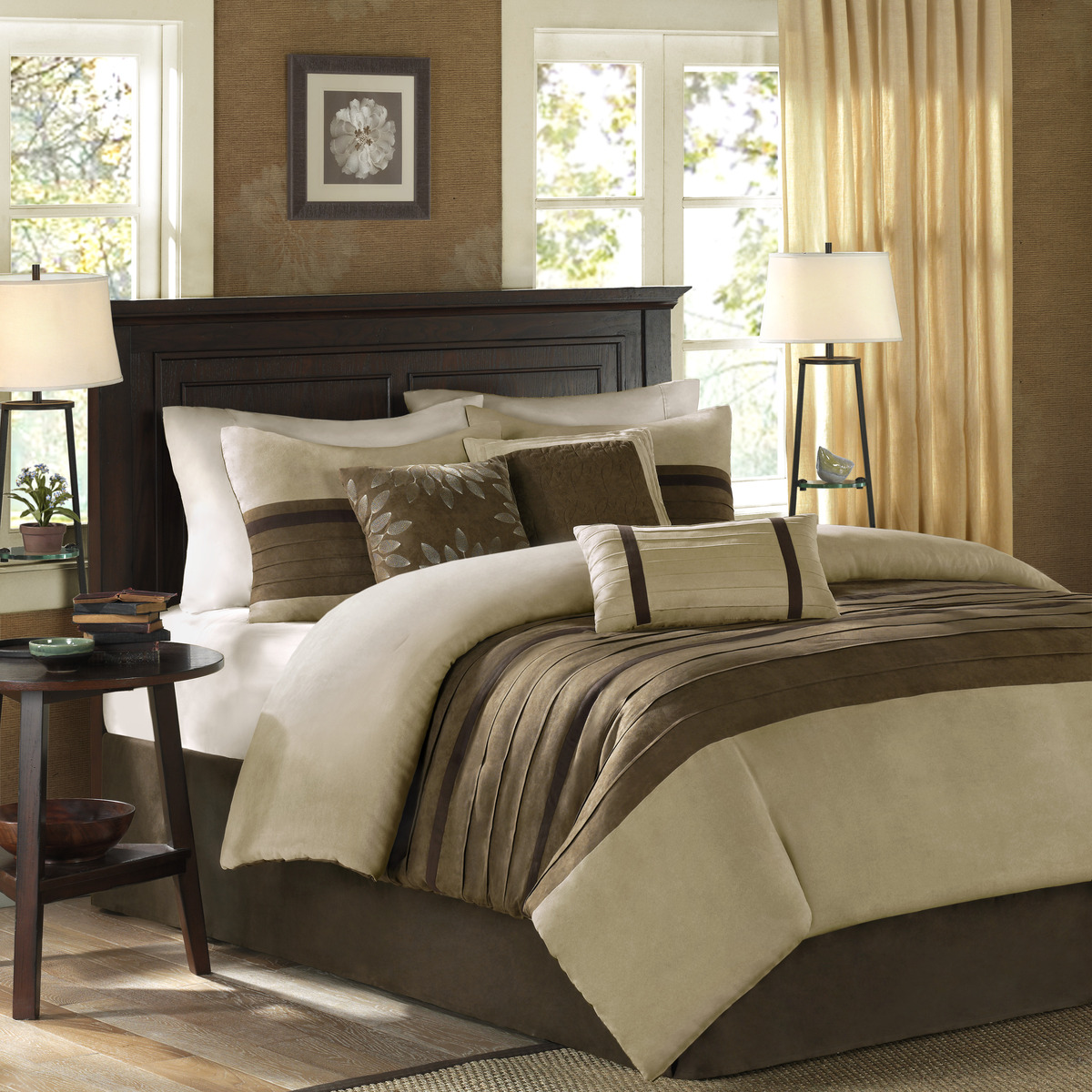 7 PC Pieced Faux Suede Comforter Set Natural Cal King