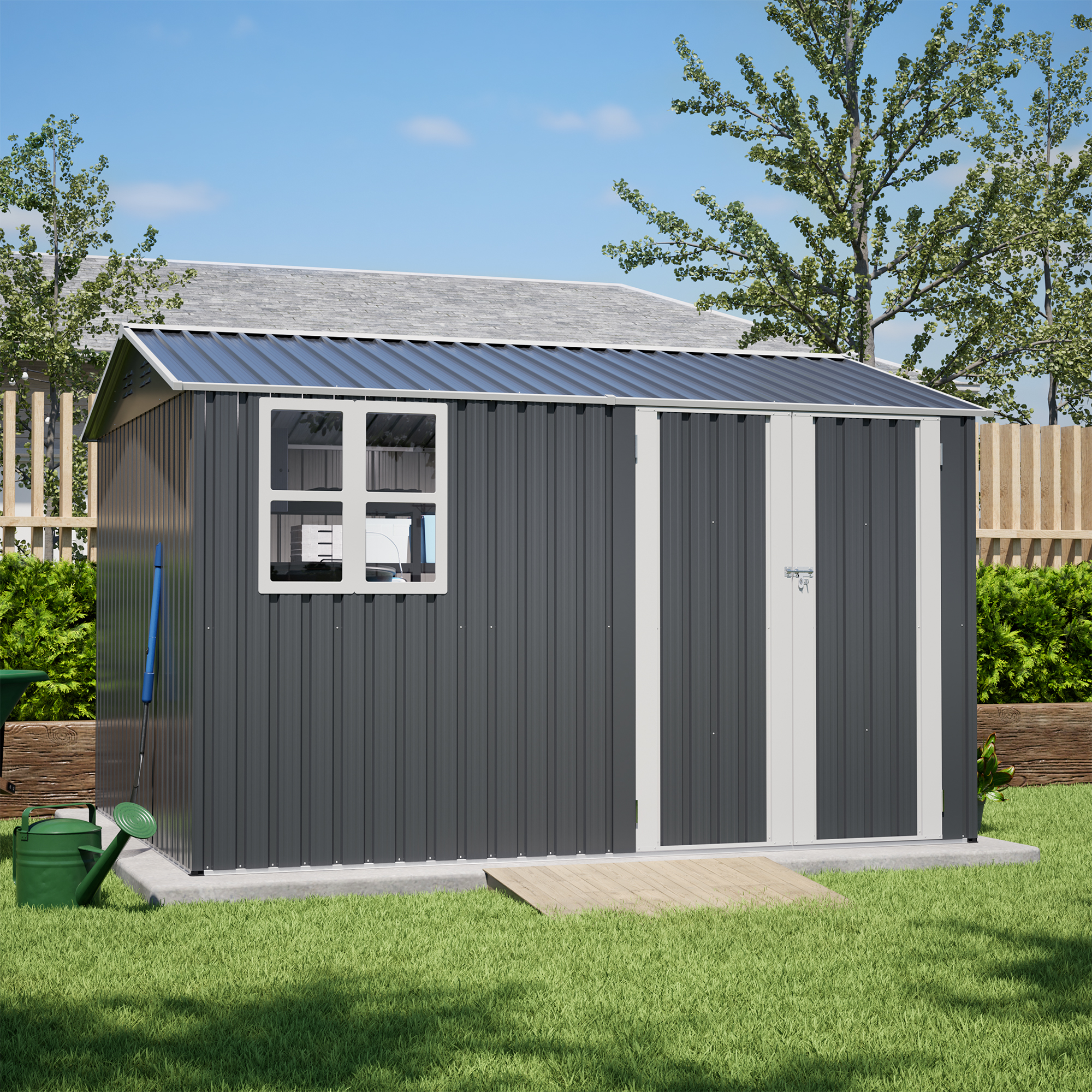 Caseta de Almacenamiento Exterior de Acero 10x8 pies, Ventana, Puertas con Cerradura, Gris