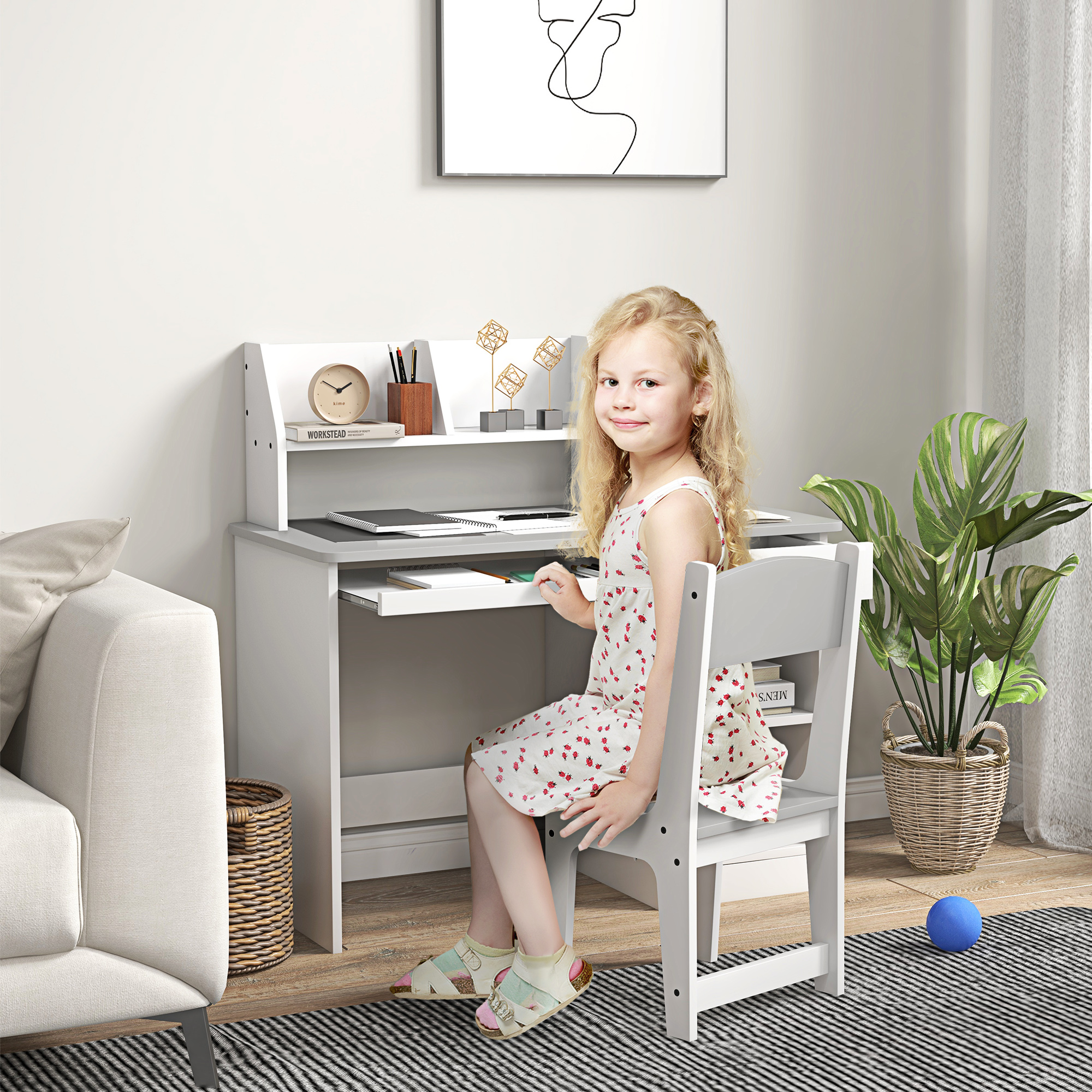 Kids Desk and Chair Set with Storage, Study Desk with Chair for Children 5-8 Years Old, Gray