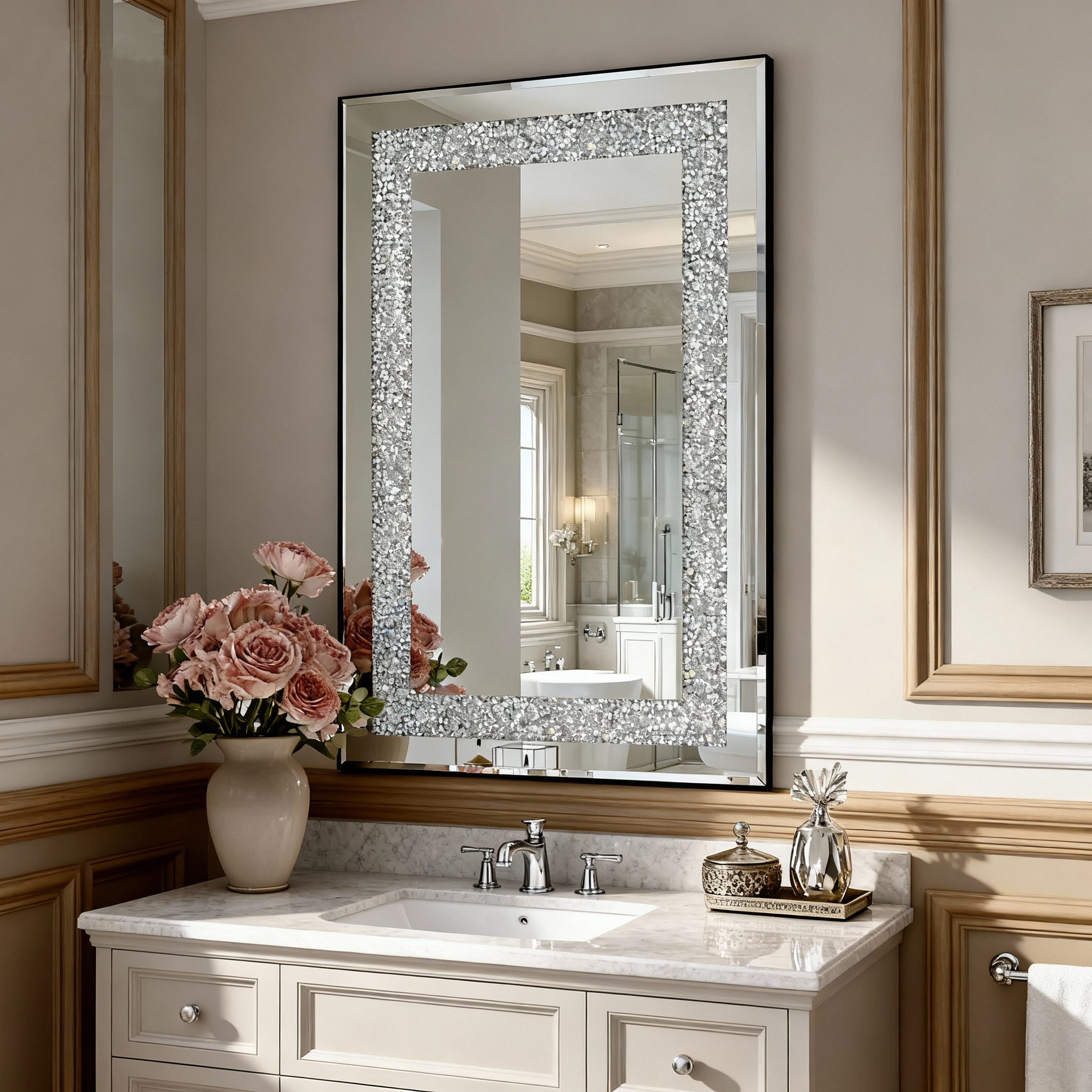 Espejo de Pared Rectangular Plateado con Borde Biselado, 36x24 pulgadas