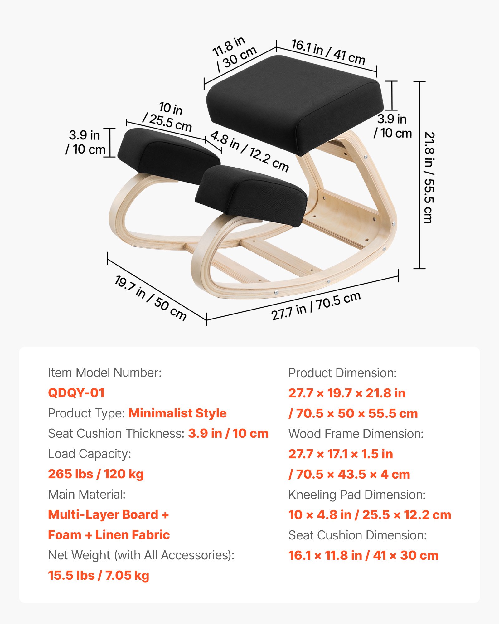Silla ergonómica de rodillas, madera, cojines gruesos, altura ajustable