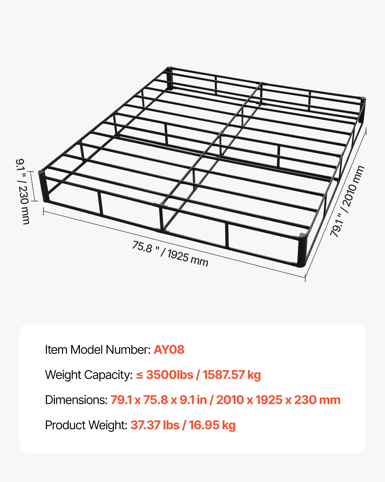 Box Spring, King Size Bed Frame With Washable Fabric Cloth, Heavy Duty Metal Frame For King Bed, 9.1 In Mattress Foundation, 3500 Lbs Max Weight Capacity, Easy Assembly, 79.1 X 75.8 X 9.1 In