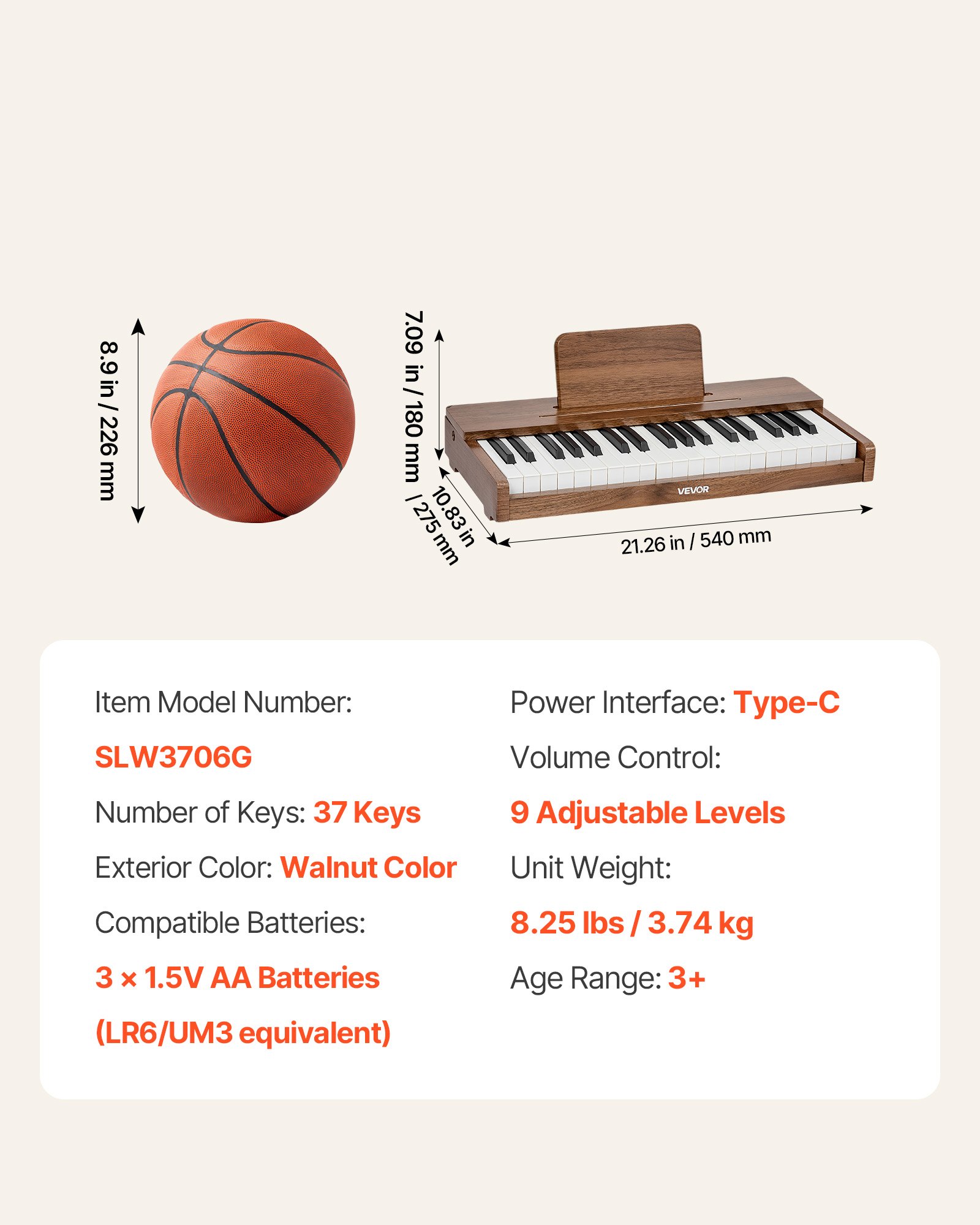 Piano digital de madera para niños, 37 teclas, sonido realista, volumen ajustable